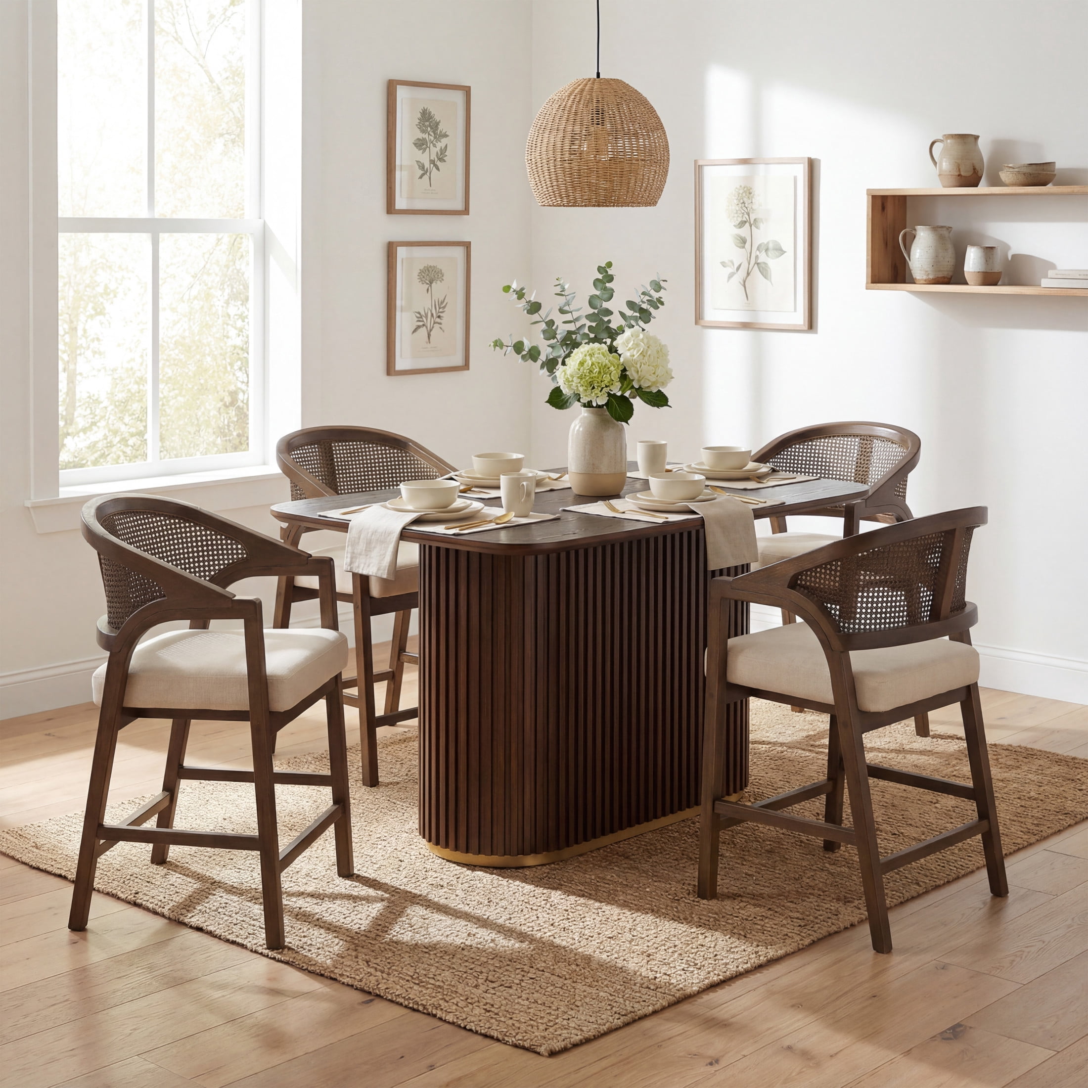 Christopher Knight Home 5-Piece Mid Century Counter Height Dining Set, Rattan Back, Seats 4, Walnut
