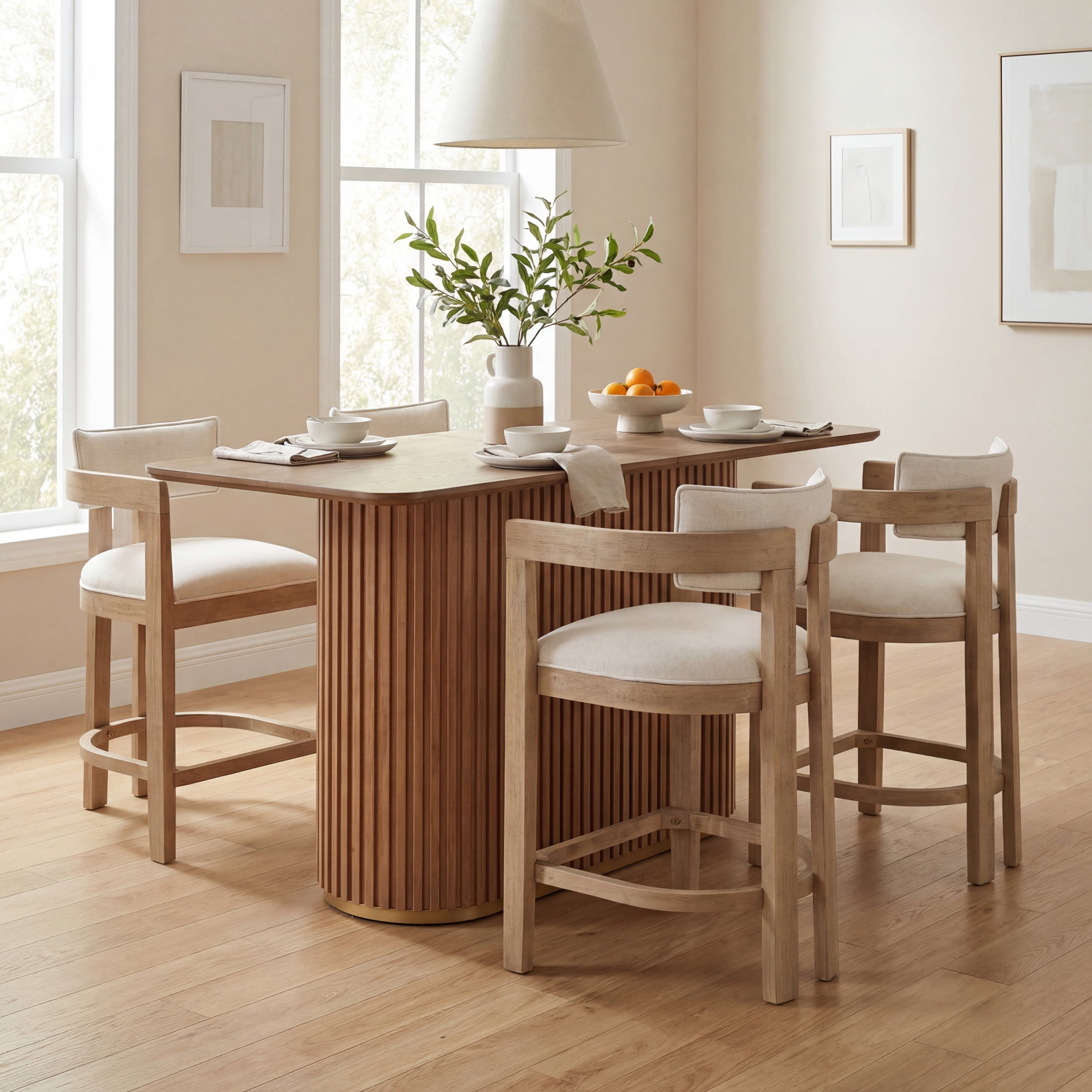 Christopher Knight Home 5-Piece Mid Century Counter Height Dining Table with Round Arm Bar Stools, Light Ash