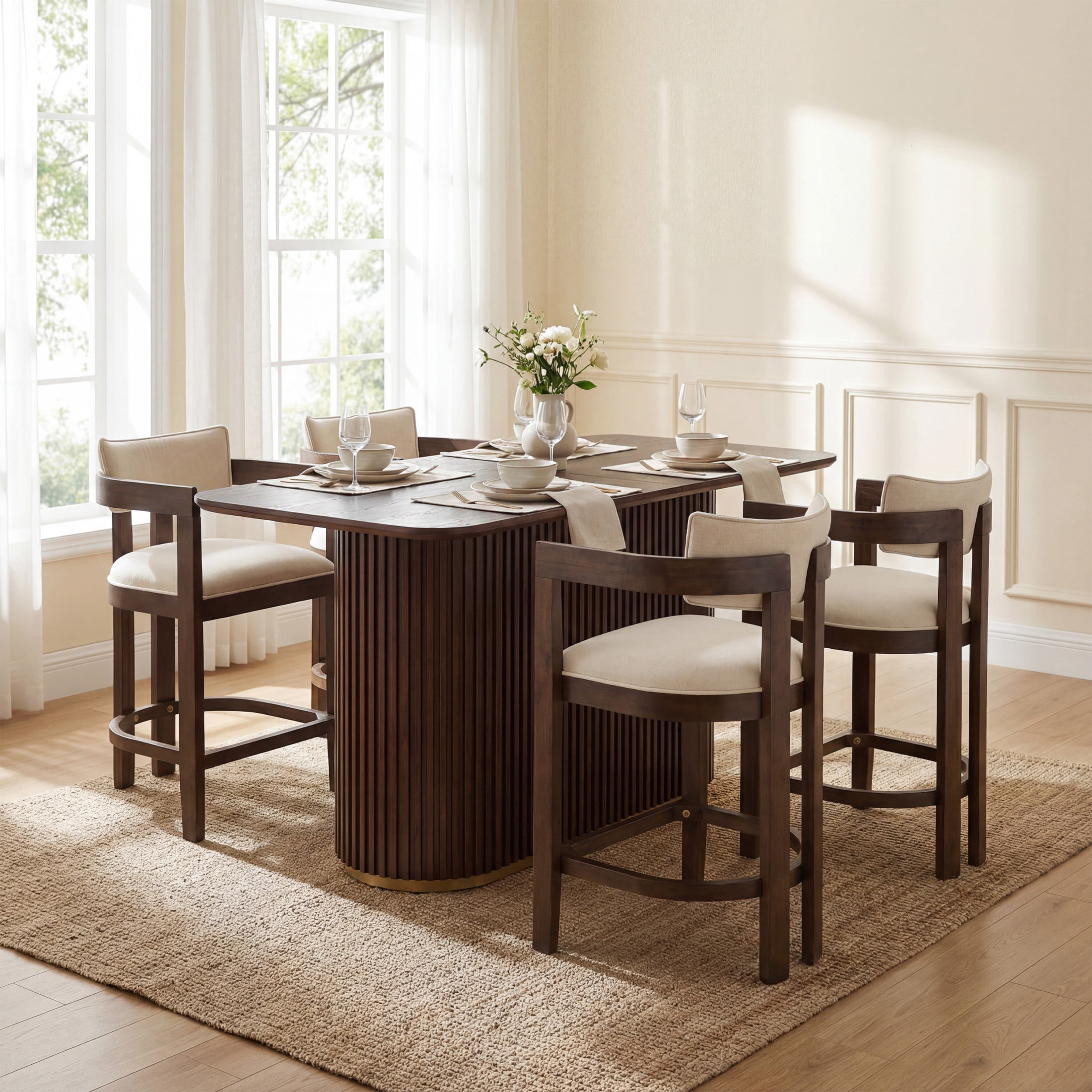 Christopher Knight Home 5-Piece Mid Century Counter Height Dining Table with Round Arm Bar Stools, Walnut