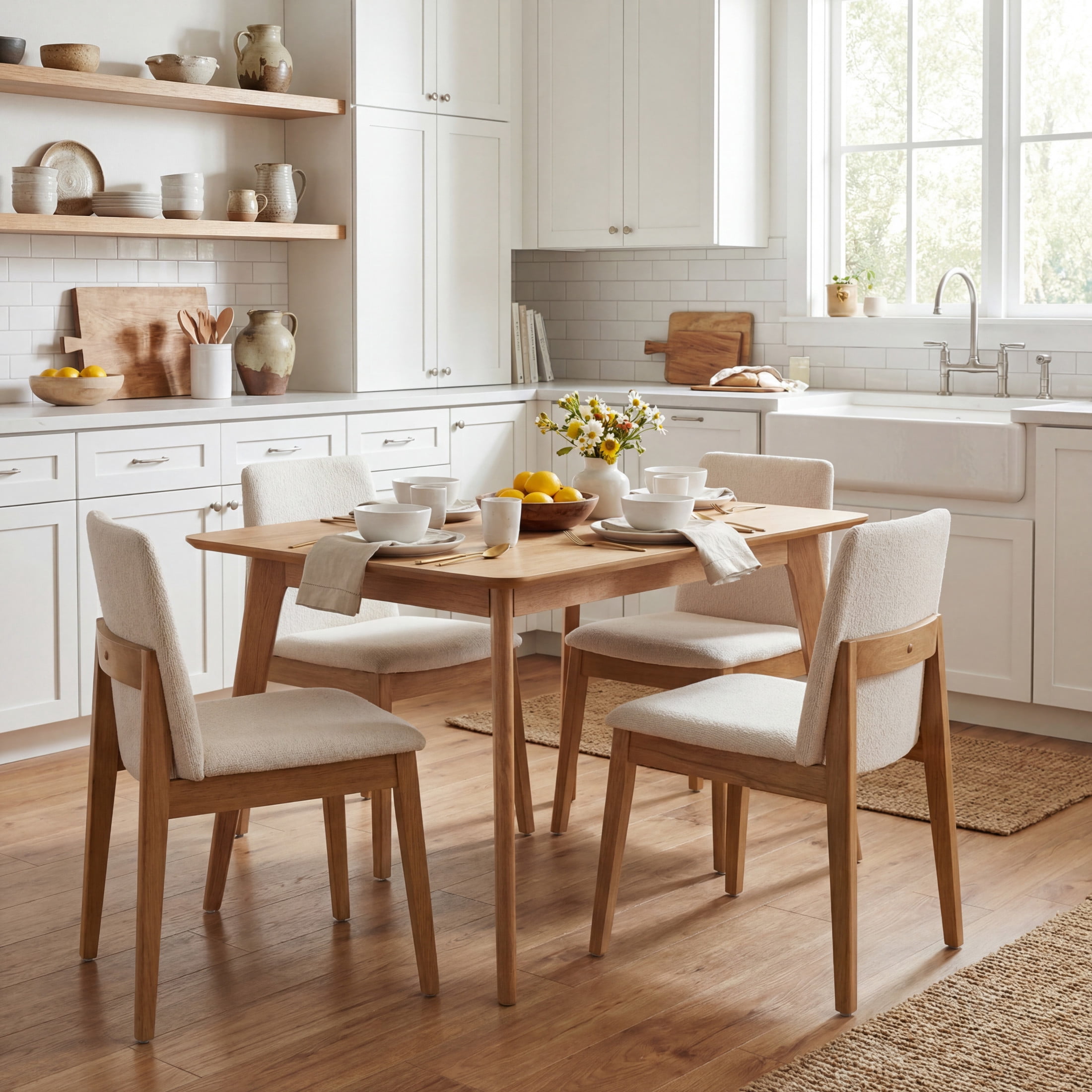 Christopher Knight Home 5-Piece Mid-Century Dining Set, Light Natural Table with Beige Upholstered Side Chairs