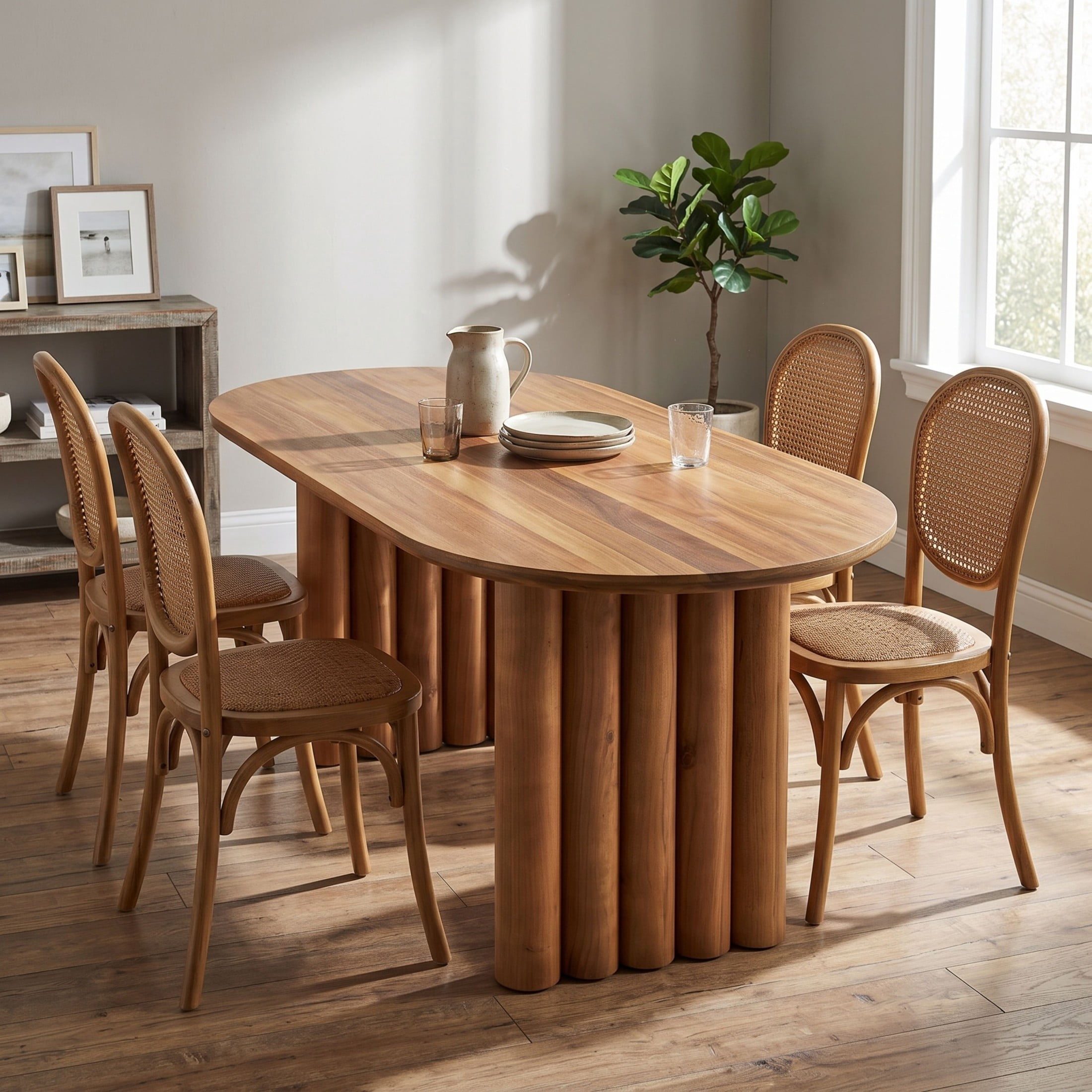Christopher Knight Home 5-Piece Mid-Century Dining Set, Oval Table with Rattan Wood Chairs, Brown