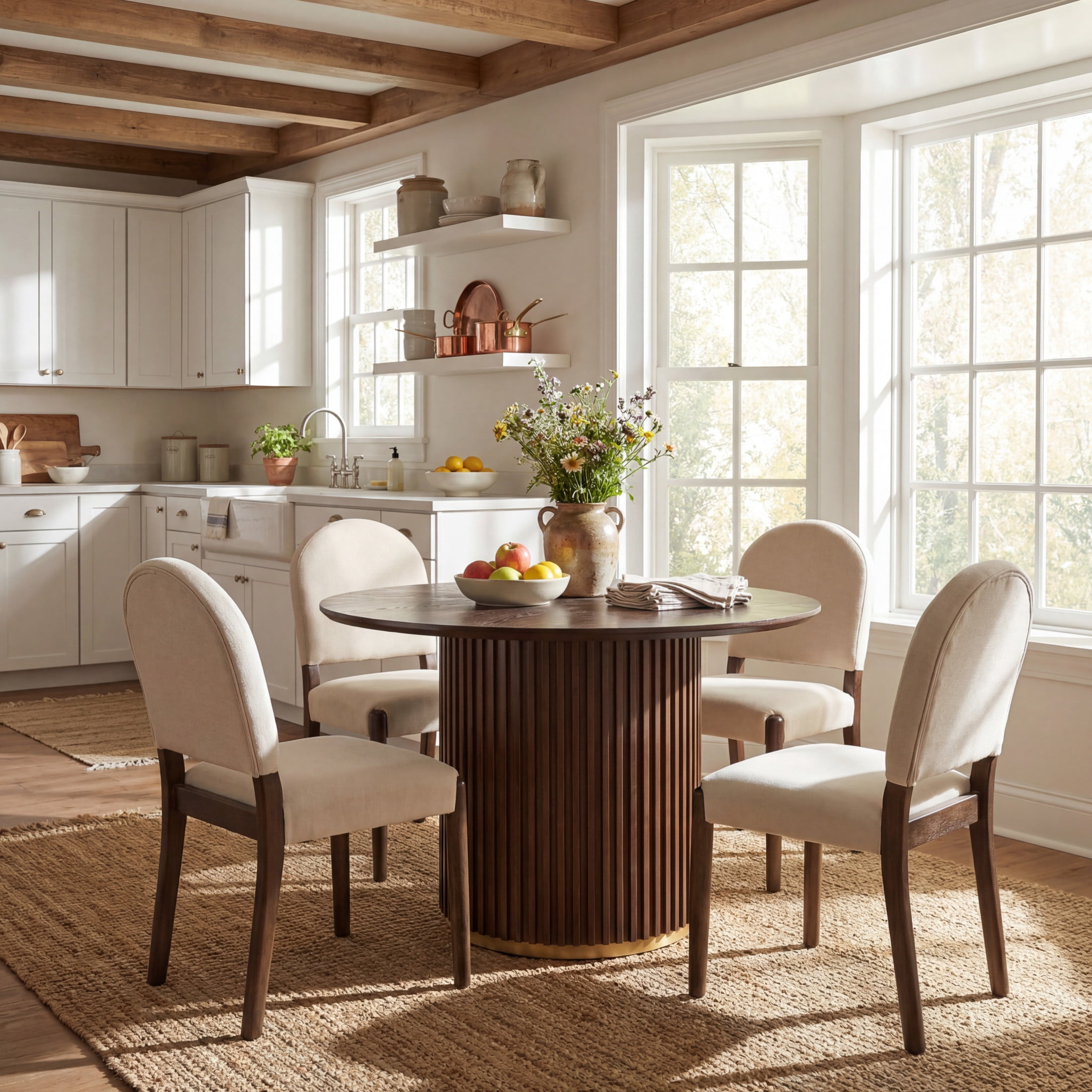 Christopher Knight Home 5-Piece Mid Century Dining Set, Round Pedestal Table & Upholstered Chairs, Walnut