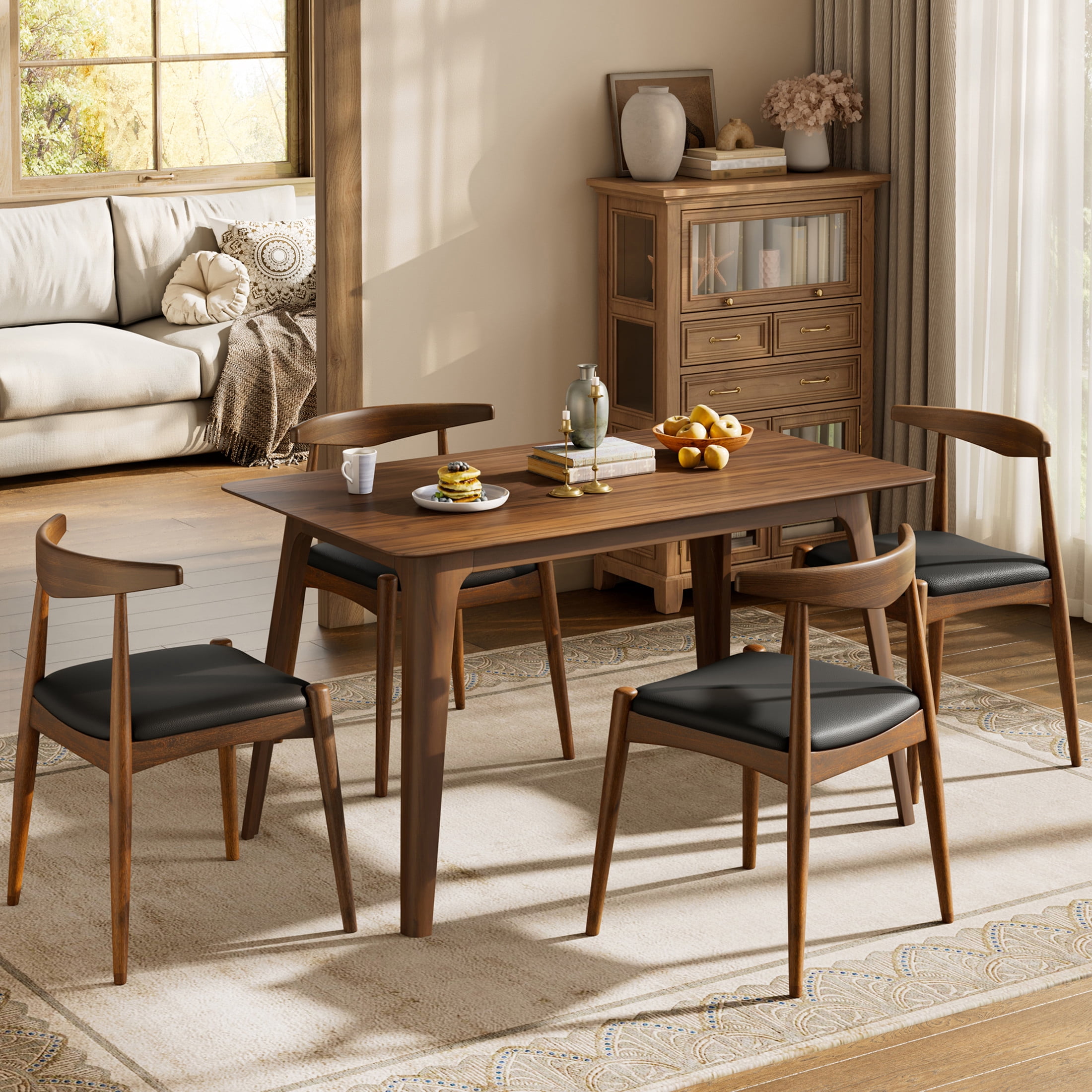 Christopher Knight Home 5-Piece Mid-Century Modern Dining Set, Wood Frame with Leather Seat, Walnut+Black
