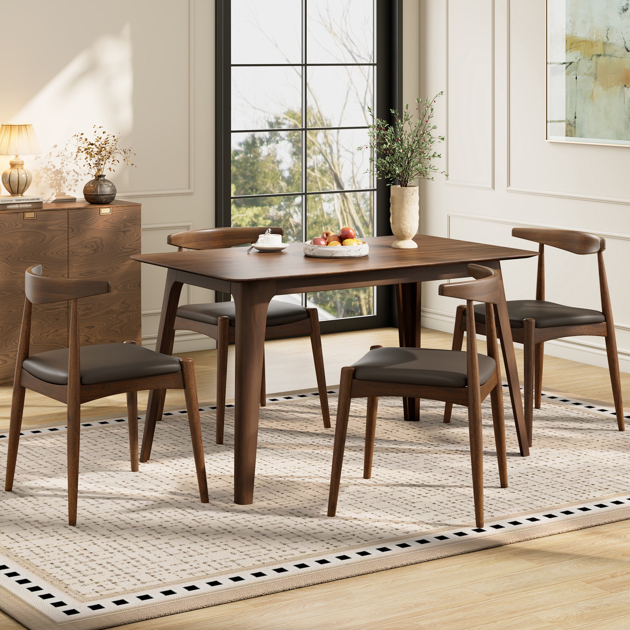 Christopher Knight Home 5-Piece Mid-Century Modern Dining Set, Wood Frame with Leather Seat, Walnut+Brown