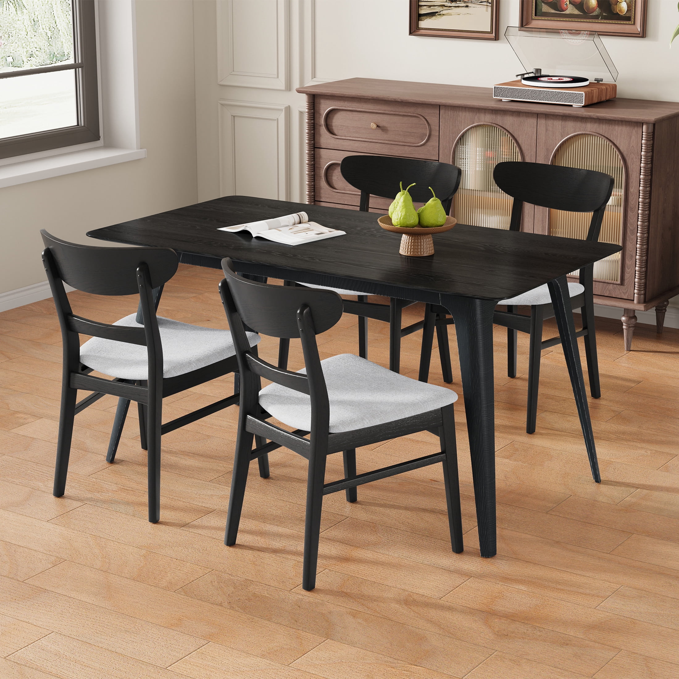 Christopher Knight Home 5-Piece Mid Century Modern Dining Table Set with Upholstered Chairs, Black+Light Gray
