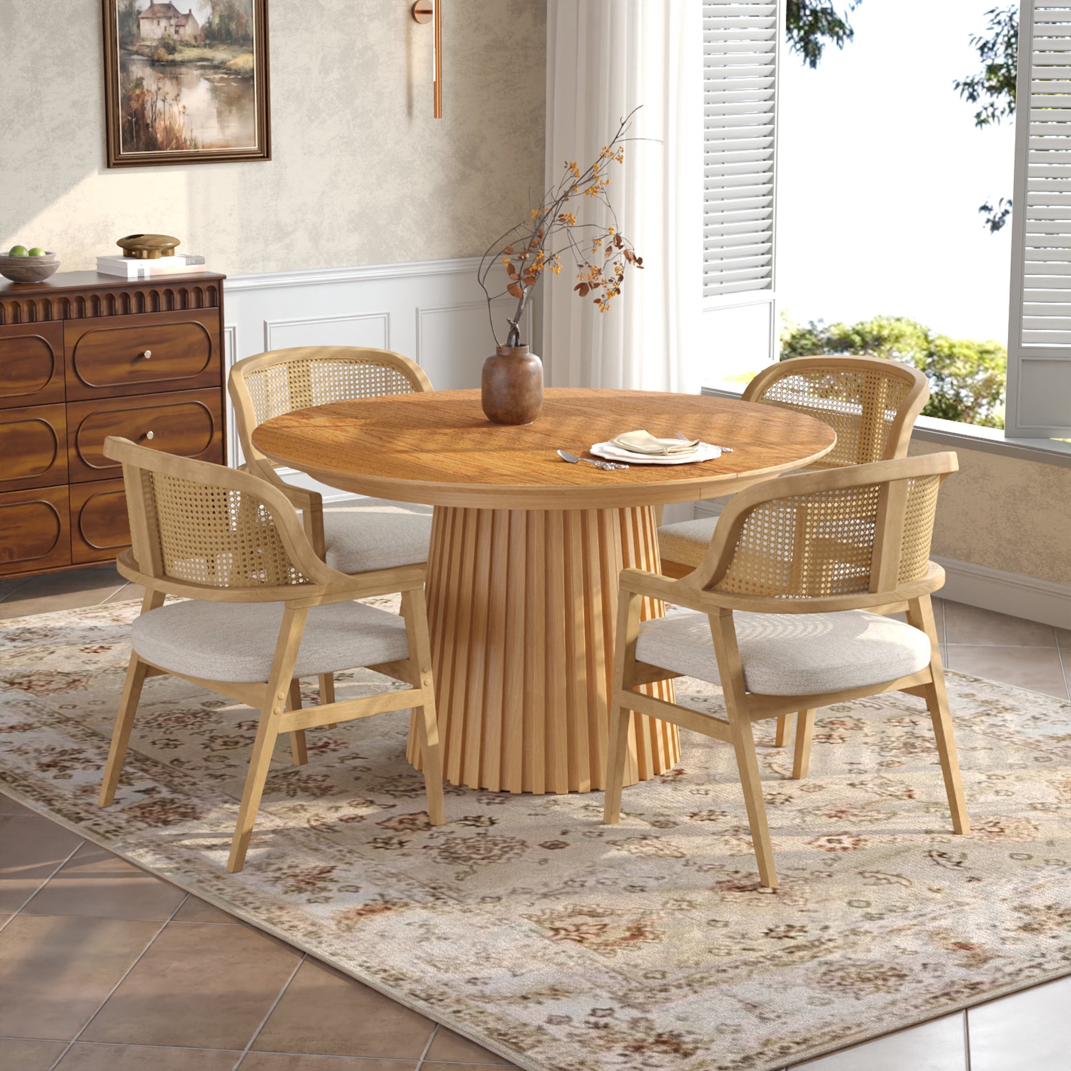 Christopher Knight Home 5-Piece Mid-Century Modern Extendable Dining Set with Beige Seat, Natural