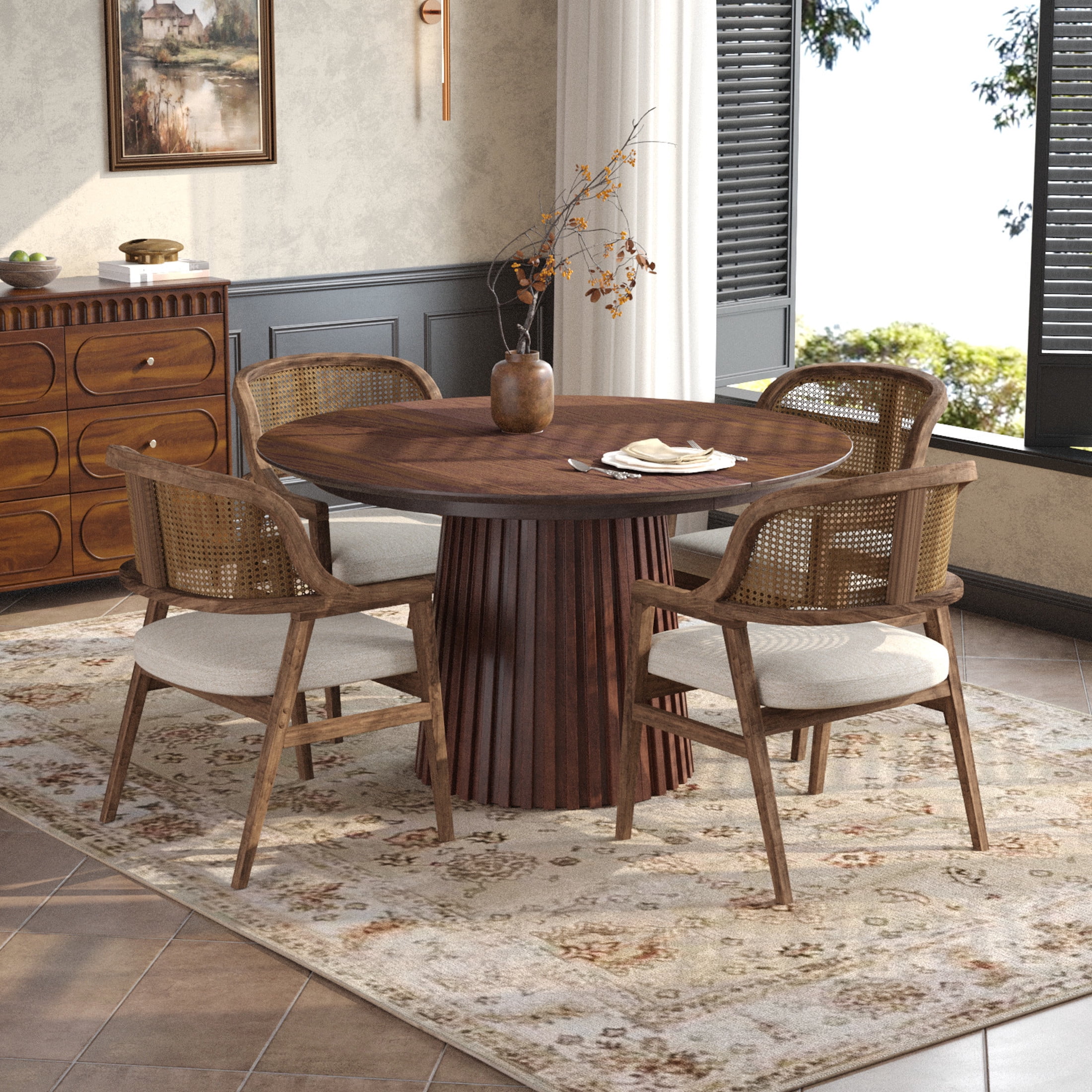 Christopher Knight Home 5-Piece Mid-Century Modern Extendable Dining Set with Beige Seat, Walnut
