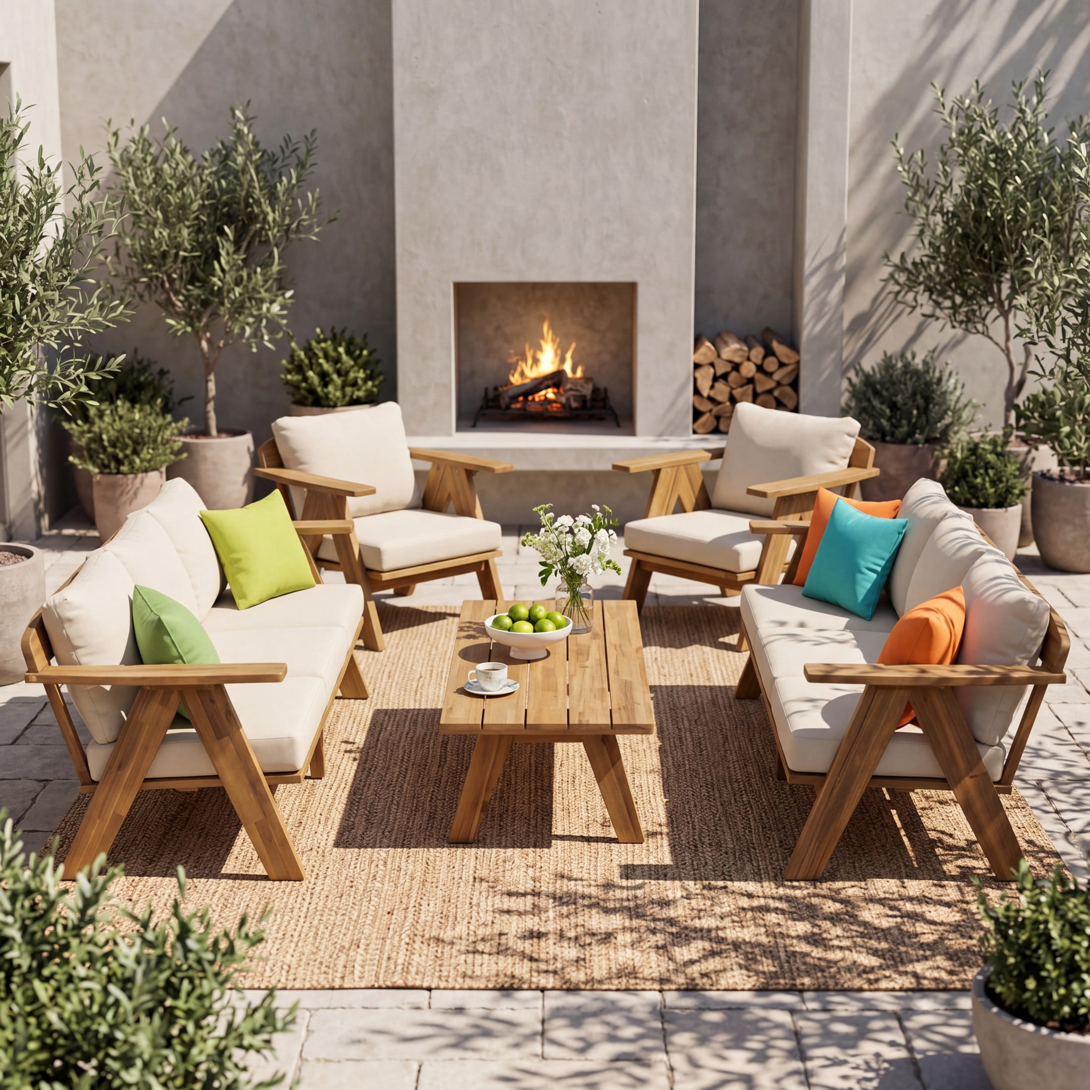 Christopher Knight Home 5-Piece Mid-Century Outdoor Conversation Set with Table, 8 Seats, Teak+Beige