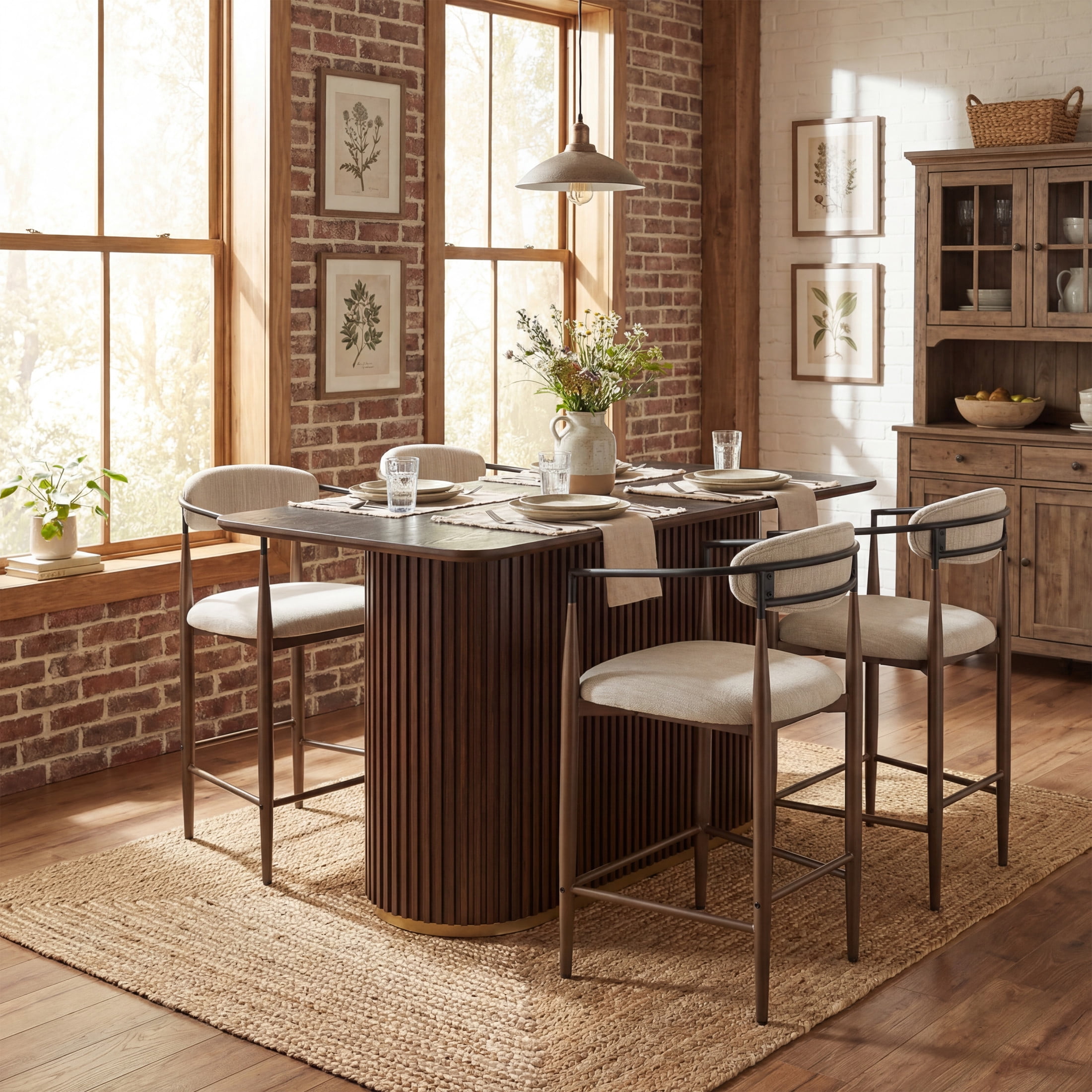 Christopher Knight Home 5-Piece Modern Counter Height Dining Table with Metal Frame Stools, Walnut+Black