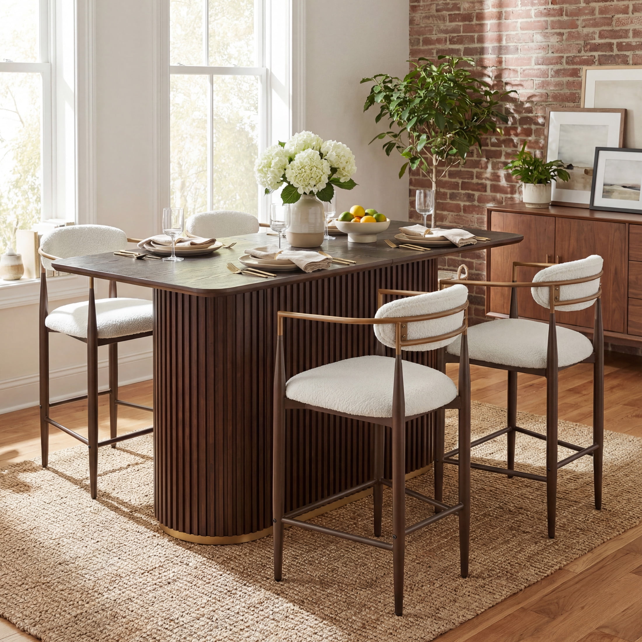 Christopher Knight Home 5-Piece Modern Counter Height Dining Table with Metal Frame Stools, Walnut+Gold