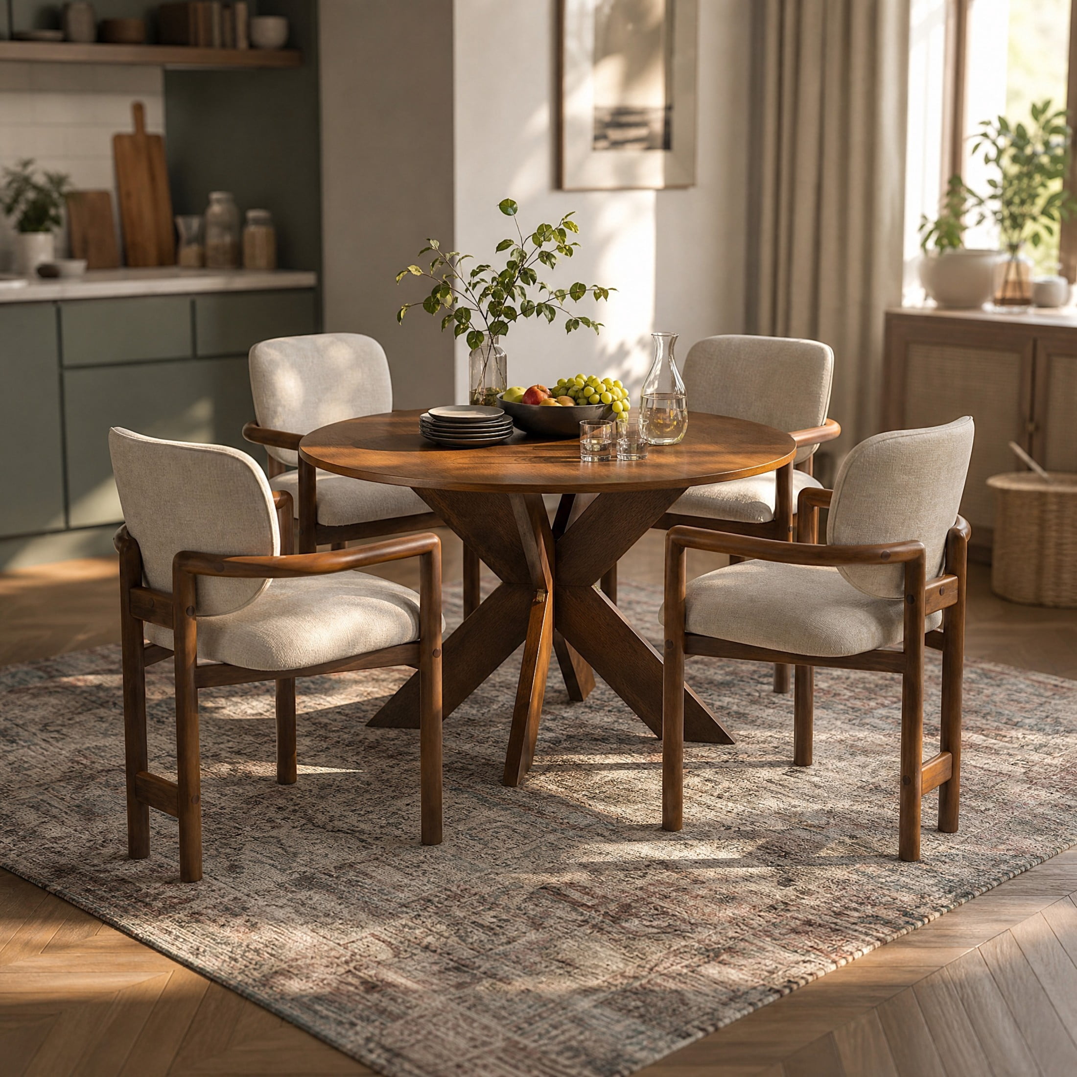 Christopher Knight Home 5-Piece Modern Dining Set, Cherry Round Table with Upholstered Armchairs, Brown+Beige