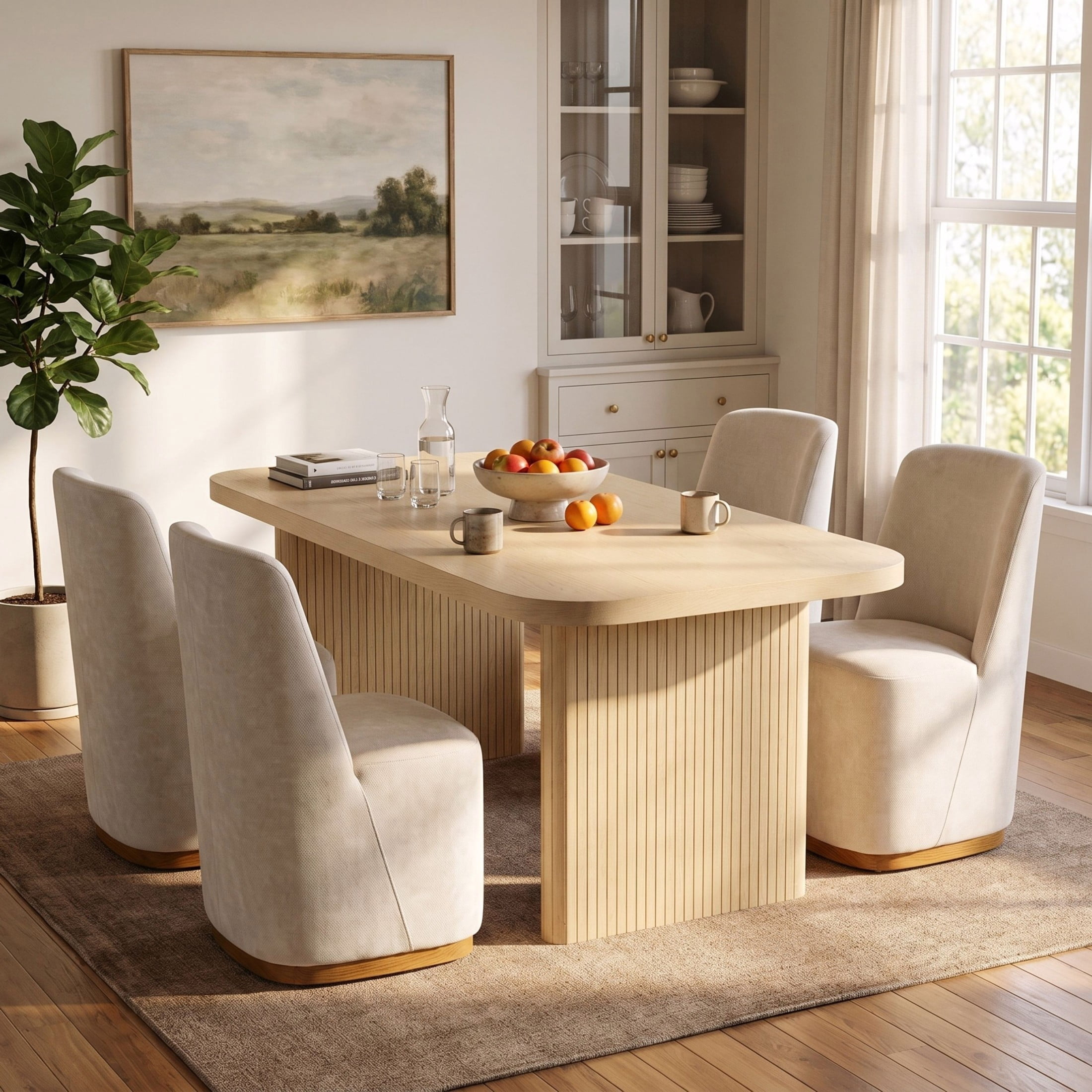 Christopher Knight Home 5-Piece Modern Dining Set, Rectangle Table with Upholstered Chairs, Natural+Beige