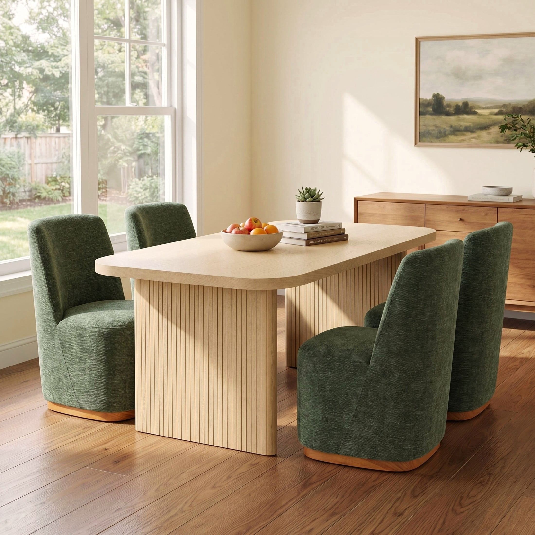 Christopher Knight Home 5-Piece Modern Dining Set, Rectangle Table with Upholstered Chairs, Natural+Green