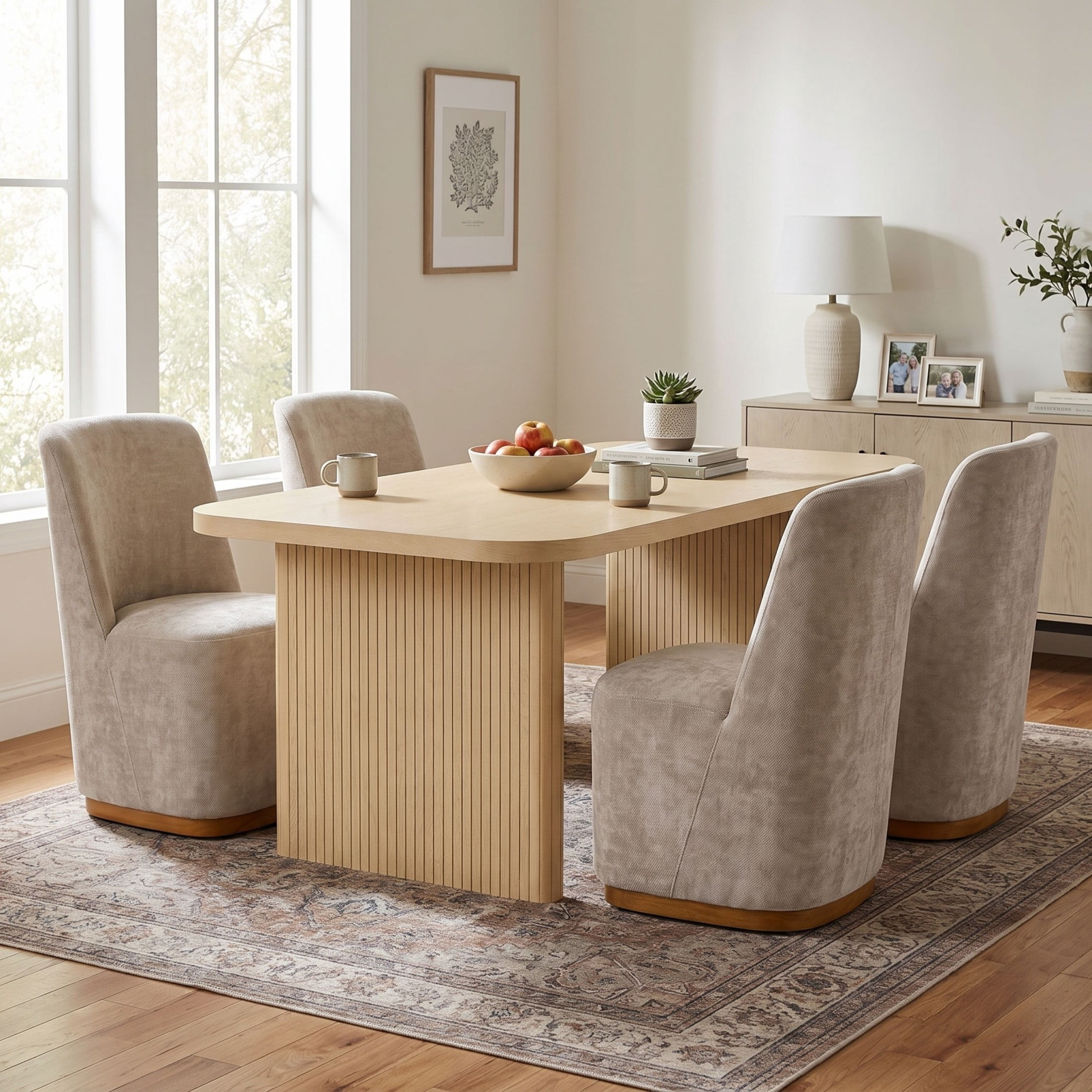 Christopher Knight Home 5-Piece Modern Dining Set, Rectangle Table with Upholstered Chairs, Natural+Oatmeal