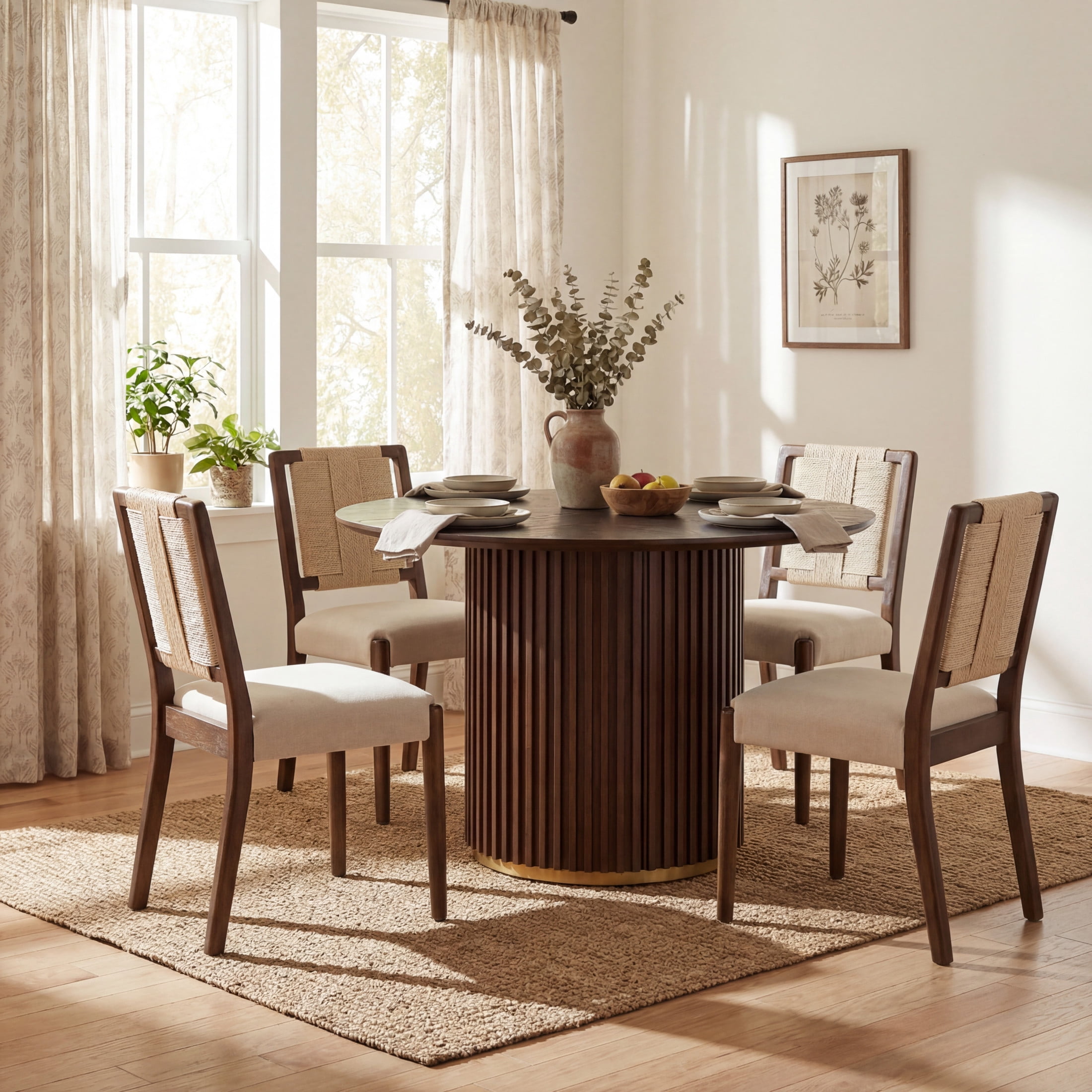 Christopher Knight Home 5-Piece Modern Dining Set, Round Table & Woven Rope Back Chairs, Walnut
