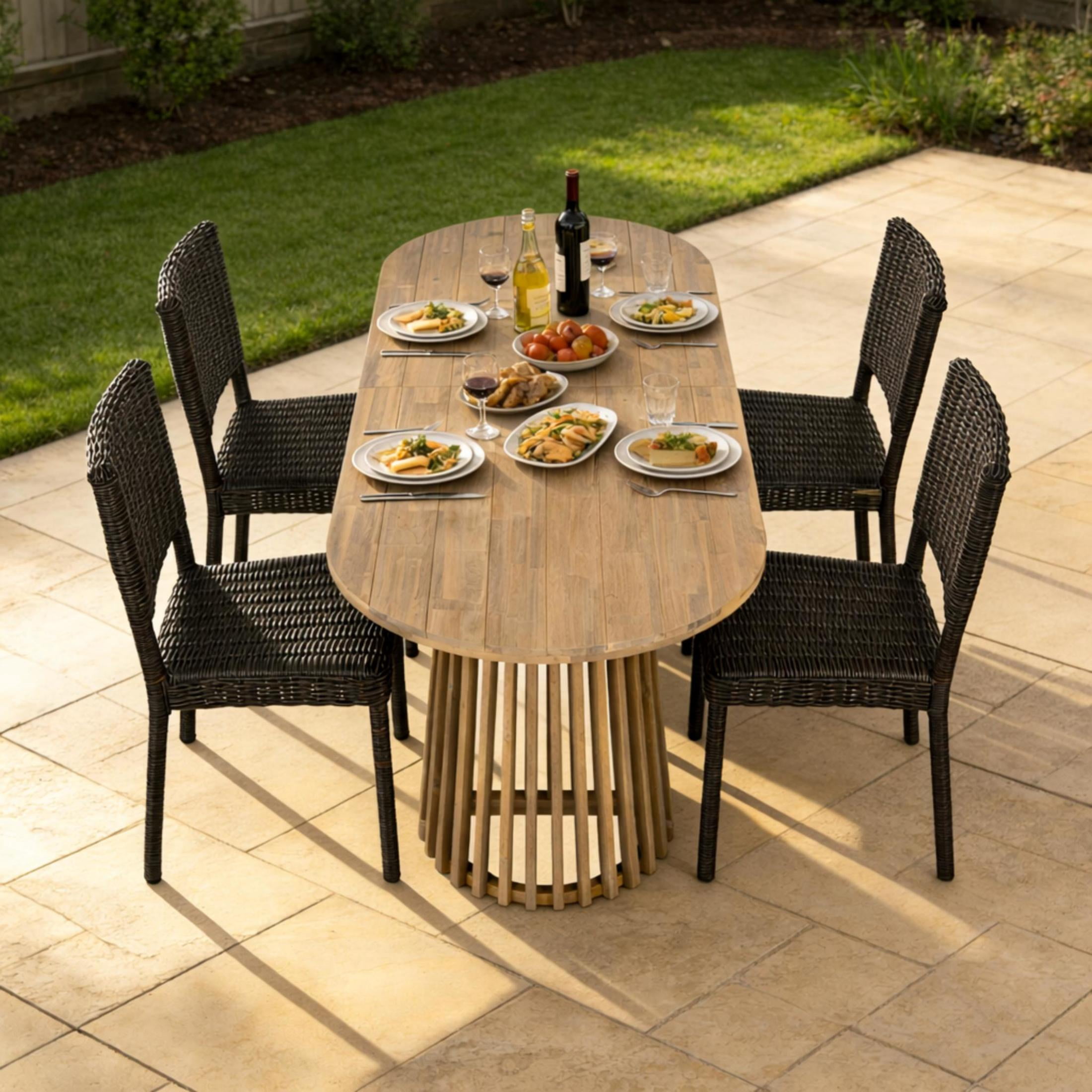 Christopher Knight Home 5-Piece Modern Outdoor Dining Set, 83" Light Teak Table and Brown Rattan Chairs