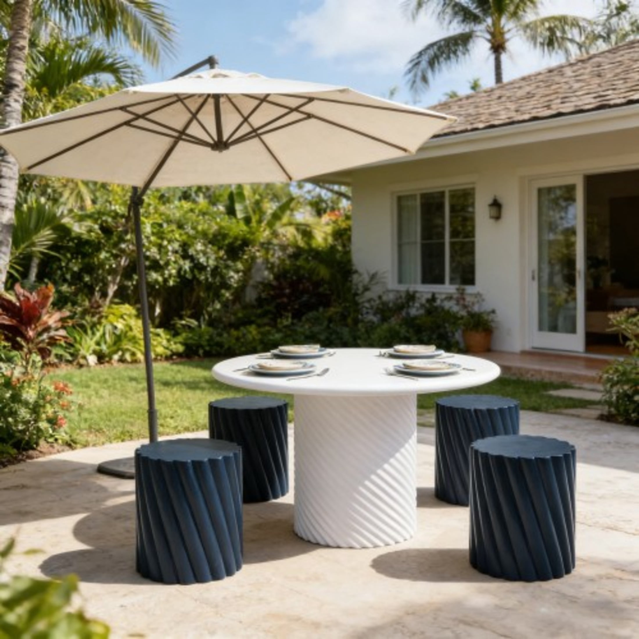 Christopher Knight Home 5-Piece Modern Outdoor MGO Dining Table and Fluted Stools Set, White+Navy