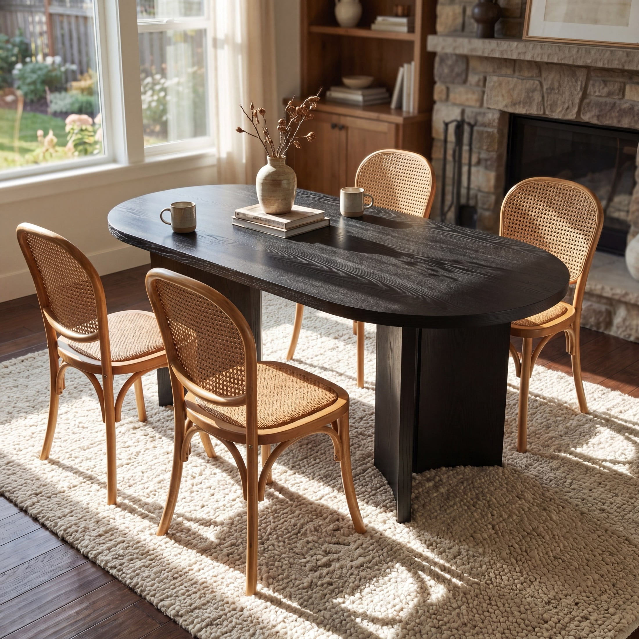 Christopher Knight Home 5-Piece Modern Oval Dining Set for 4, MDF Table with Rattan Chairs, Black+Light Brown