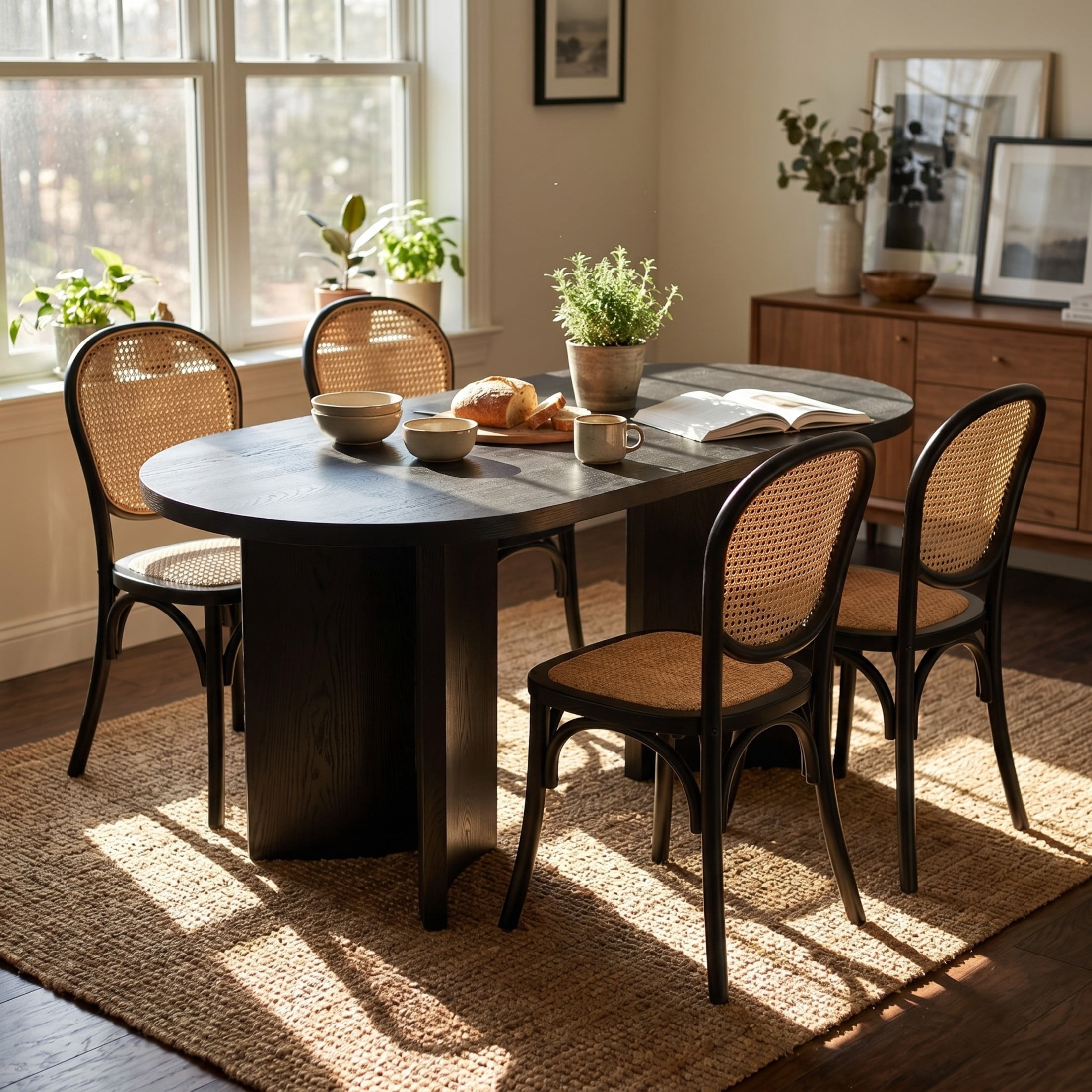 Christopher Knight Home 5-Piece Modern Oval Dining Set for 4, MDF Table with Rattan Chairs, Black