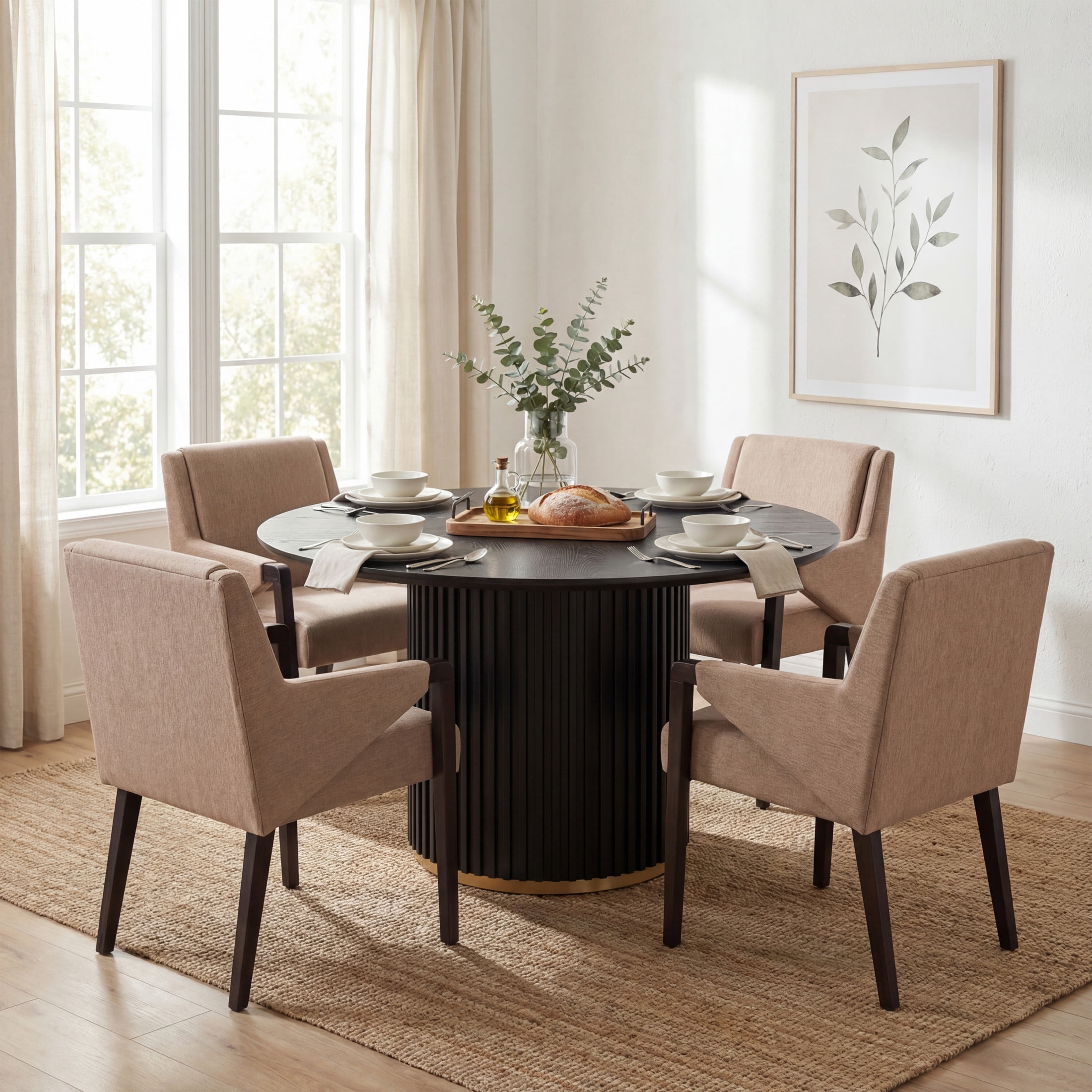 Christopher Knight Home 5-Piece Modern Round Dining Set, Black Pedestal Table and Light Brown Upholstered Chairs