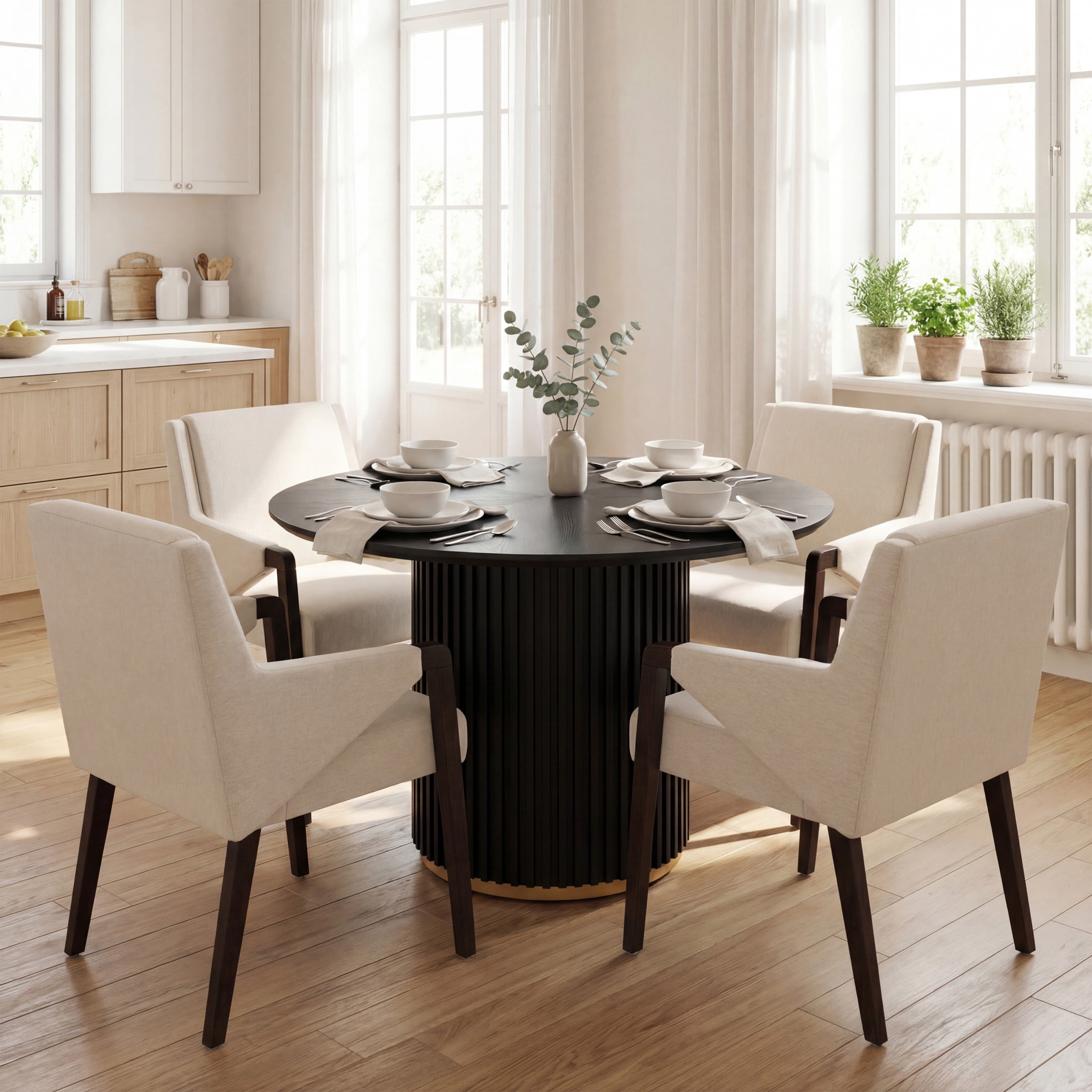 Christopher Knight Home 5-Piece Modern Round Dining Set, Black Pedestal Table and Linen Upholstered Chairs