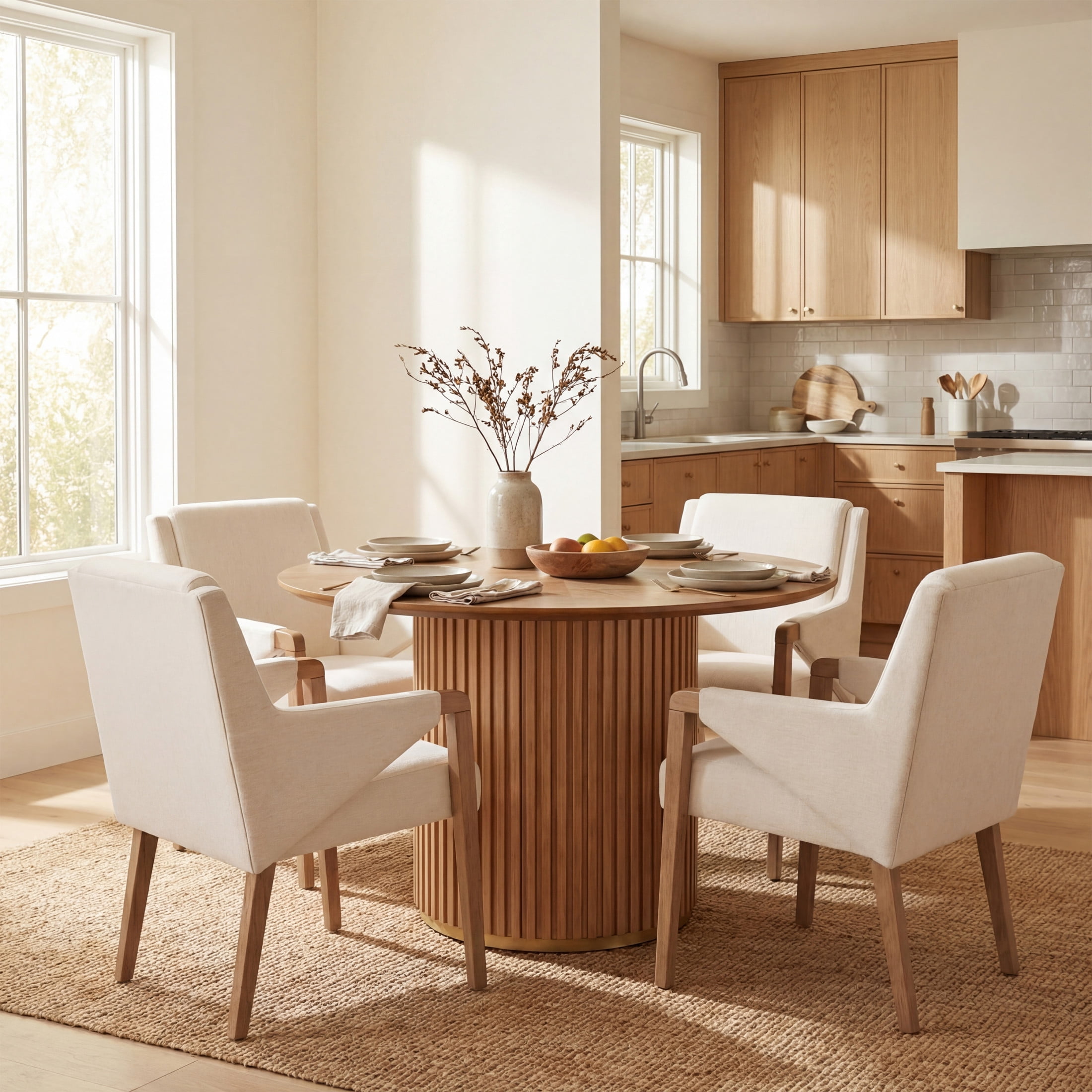 Christopher Knight Home 5-Piece Modern Round Dining Set, Natural Pedestal Table and Beige Upholstered Chairs