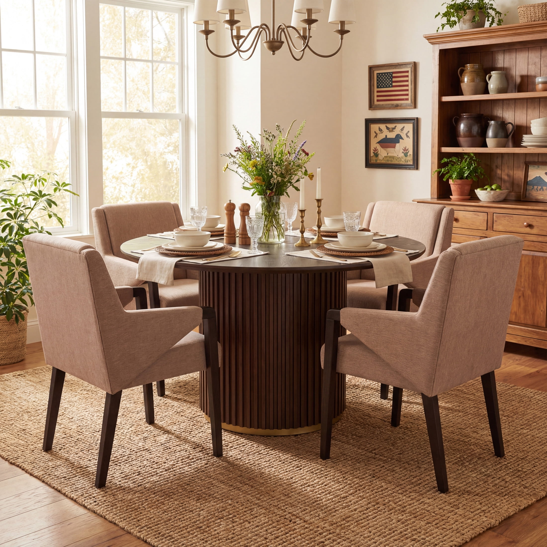 Christopher Knight Home 5-Piece Modern Round Dining Set, Walnut Pedestal Table and Light Brown Upholstered Chairs