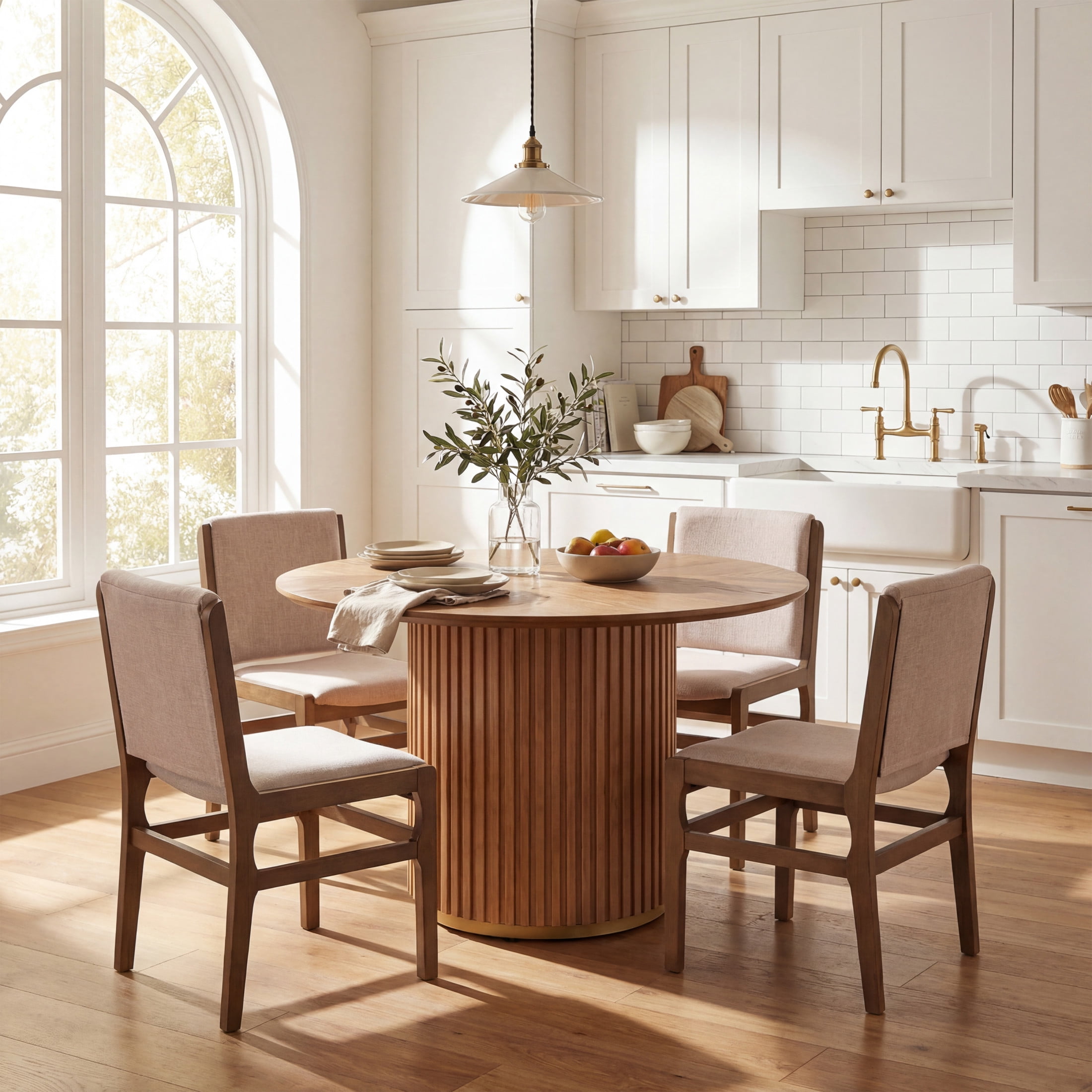 Christopher Knight Home 5-Piece Modern Round Pedestal Dining Table with Upholstered Chairs, Natural+Walnut