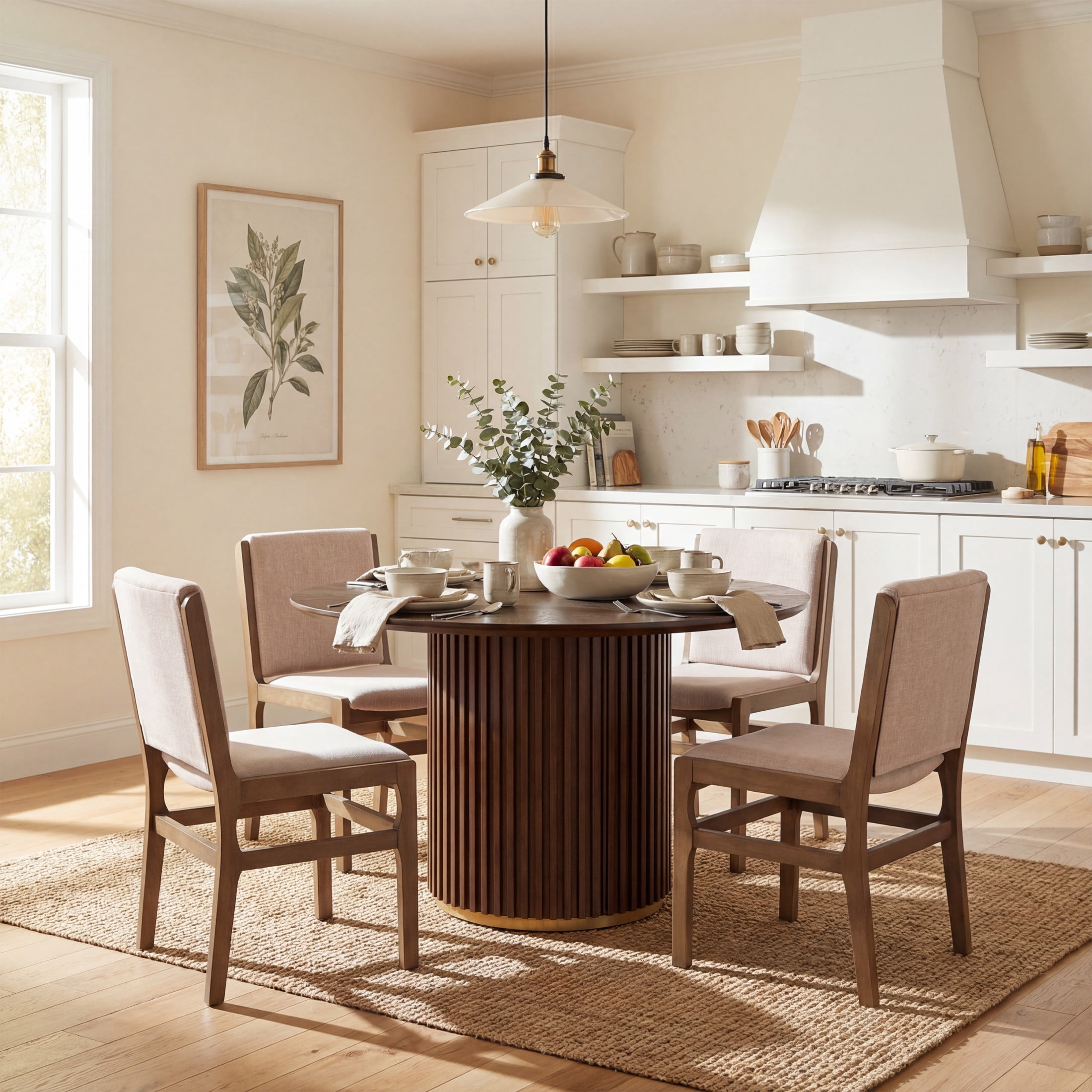Christopher Knight Home 5-Piece Modern Round Pedestal Dining Table with Upholstered Chairs, Walnut