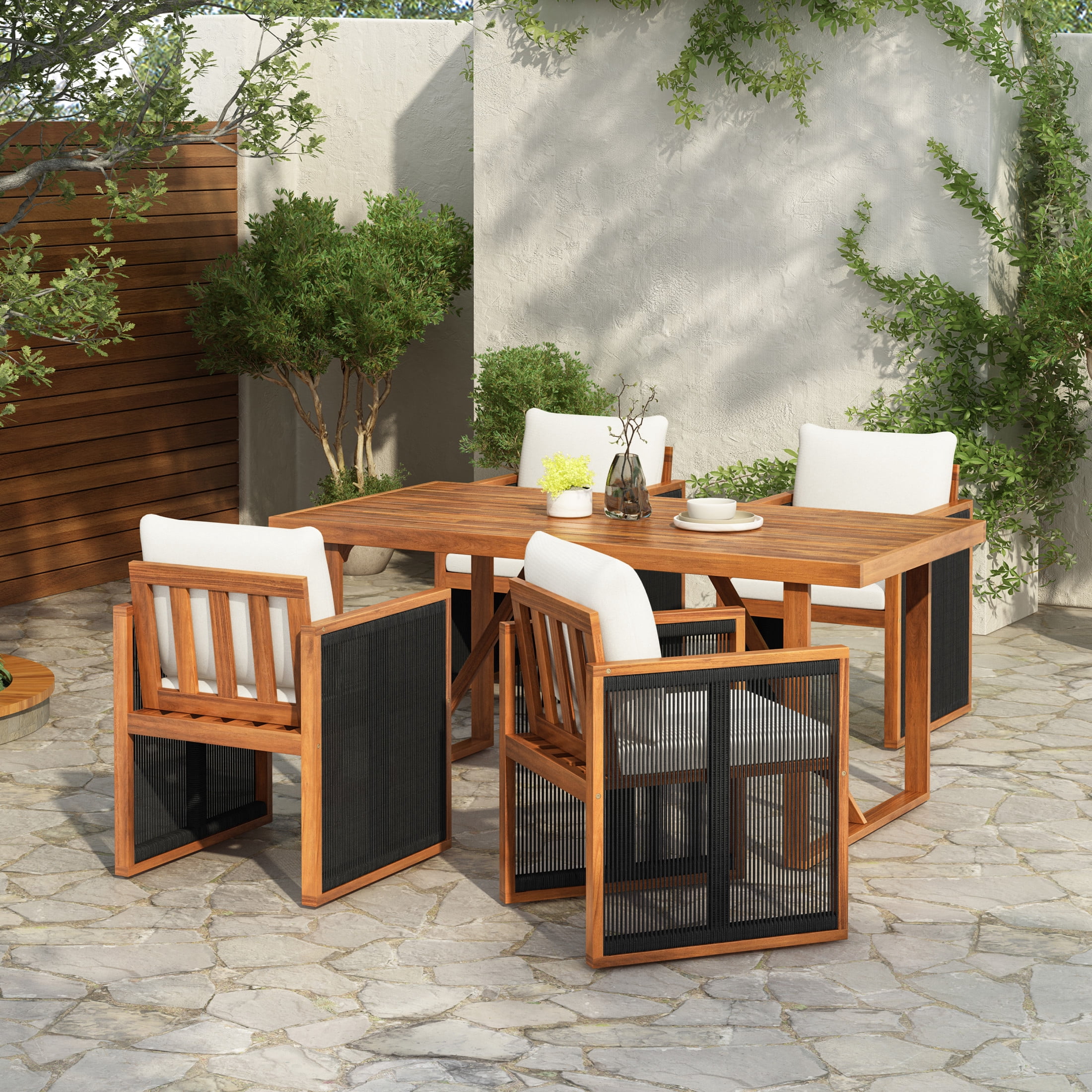 Christopher Knight Home 5-Piece Modern Wooden Outdoor Dining Set with Rope Chairs and Cushions, Black