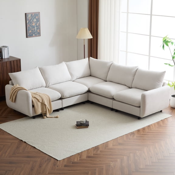Christopher Knight Home 5-Piece Modular Sectional Sofa, L Shaped Upholstered Couch, Solid Wood Frame, White Sand