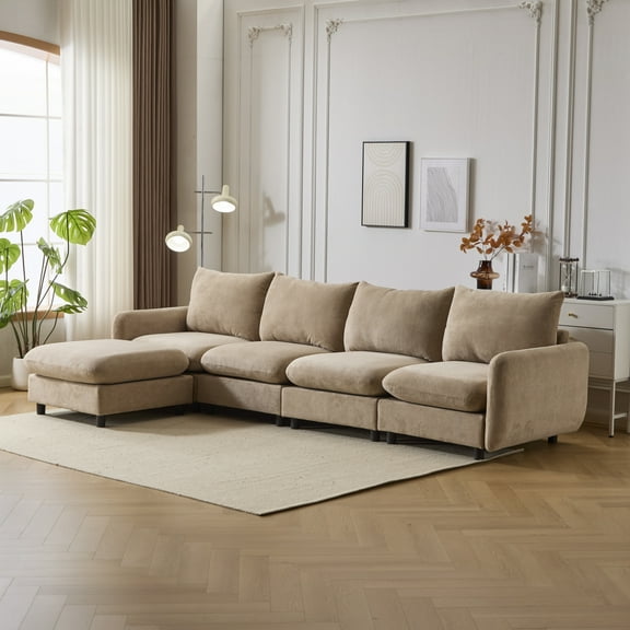 Christopher Knight Home 5-Piece Modular Sectional Sofa with Ottoman, 130" Upholstered Couch, Solid Wood Frame, Camel