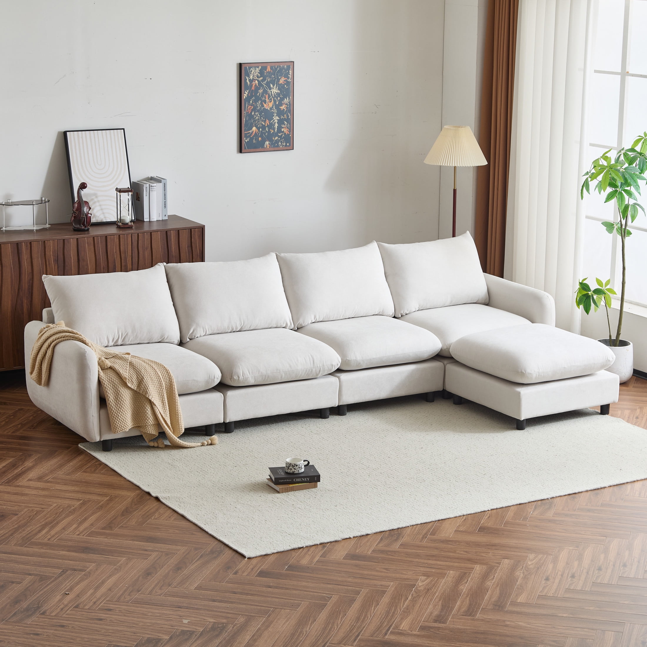 Christopher Knight Home 5-Piece Modular Sectional Sofa with Ottoman, 130" Upholstered Couch, Solid Wood Frame, White Sand