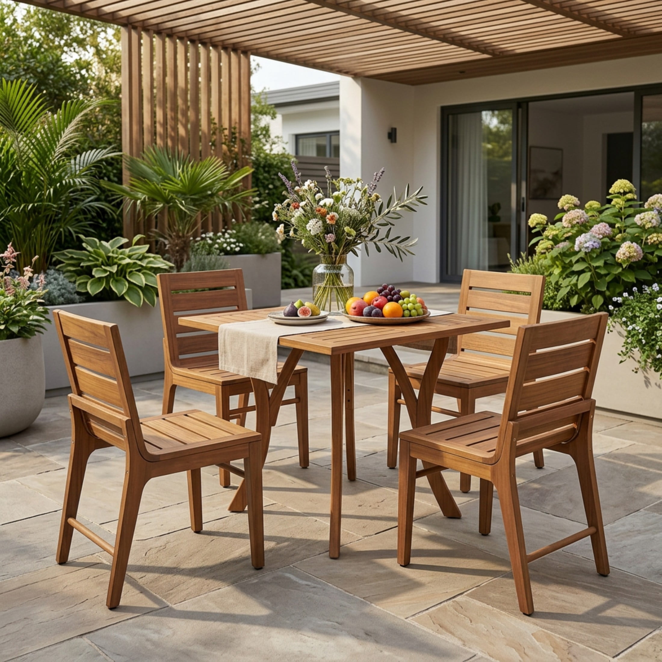Christopher Knight Home 5-Piece Outdoor Acacia Wood Dining Set, Slatted Square Table and Chairs, Teak