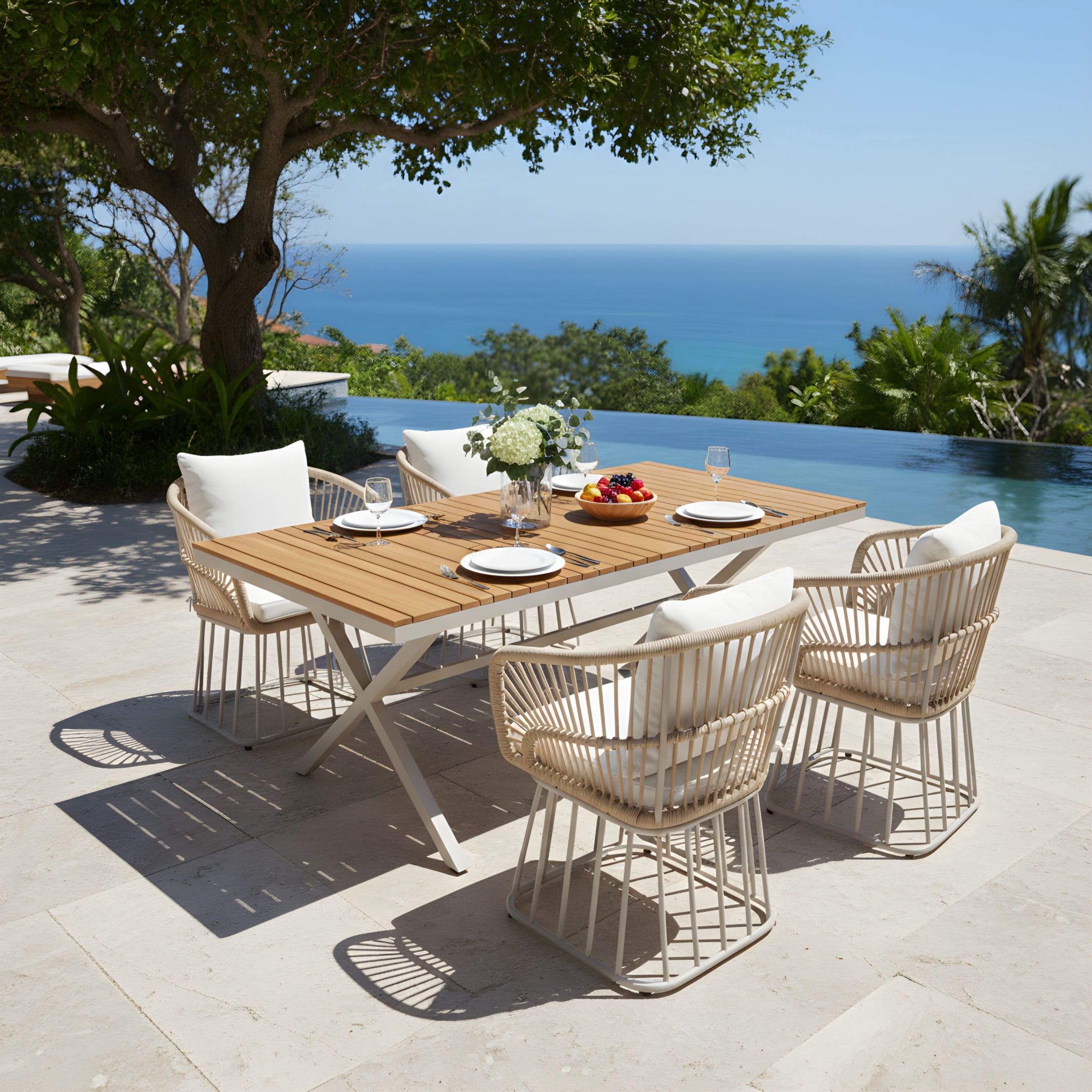 Christopher Knight Home 5-Piece Outdoor Acacia Wood Dining Set, Wicker Chairs with Cushions, Beige Steel Frame