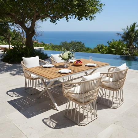 Christopher Knight Home 5-Piece Outdoor Acacia Wood Dining Set, Wicker Chairs with Cushions, Beige Steel Frame