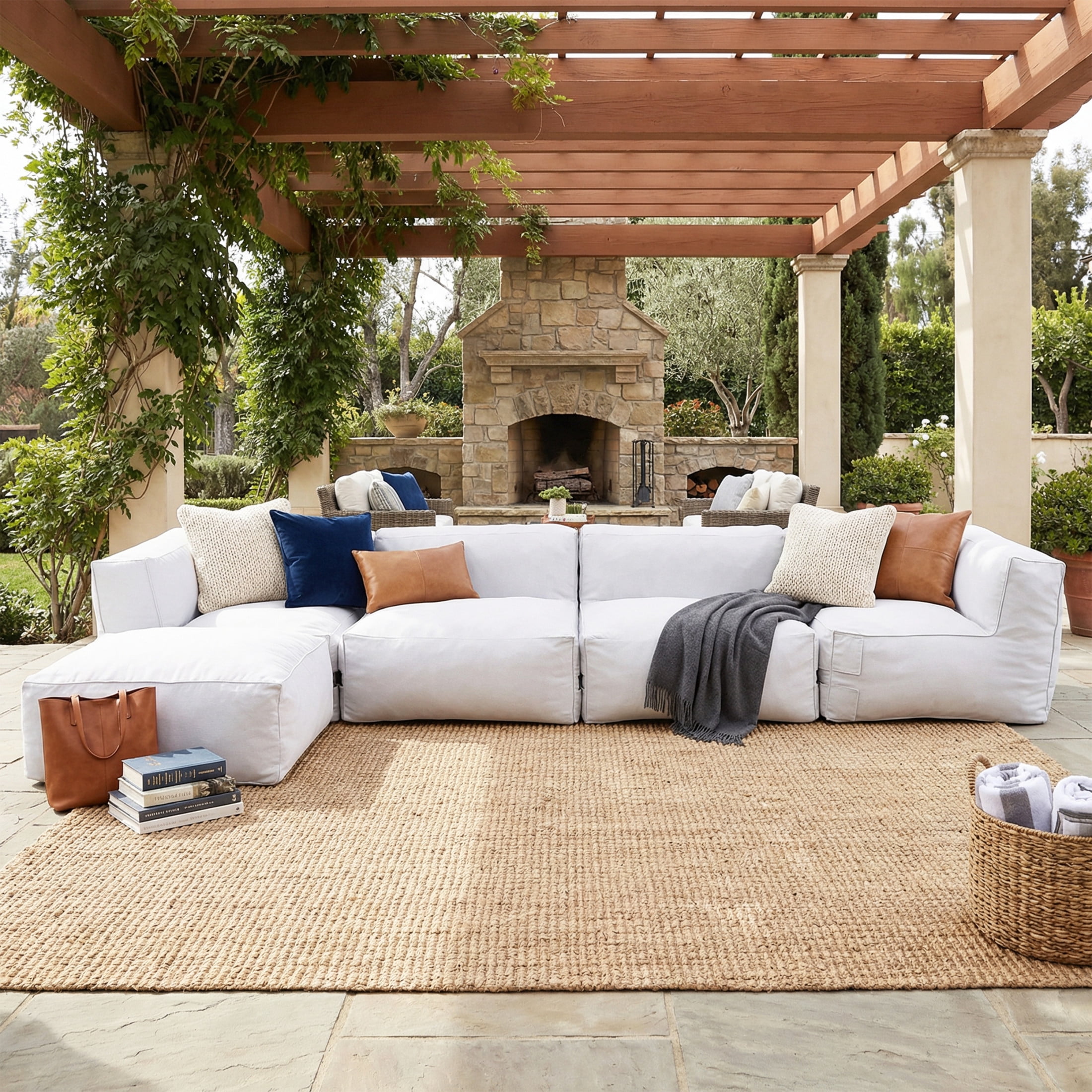 Christopher Knight Home 5-Piece Outdoor Bean Bag Sofa, Armless and Corner Chairs with Ottoman, Foam Fill, Light Gray