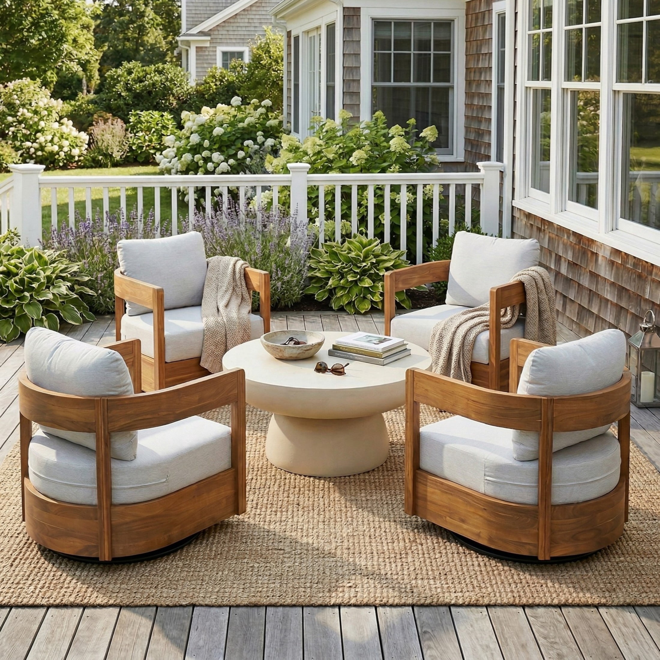 Christopher Knight Home 5-Piece Outdoor Chat Set, Swivel Chairs with Cushions and Round Coffee Table, Teak