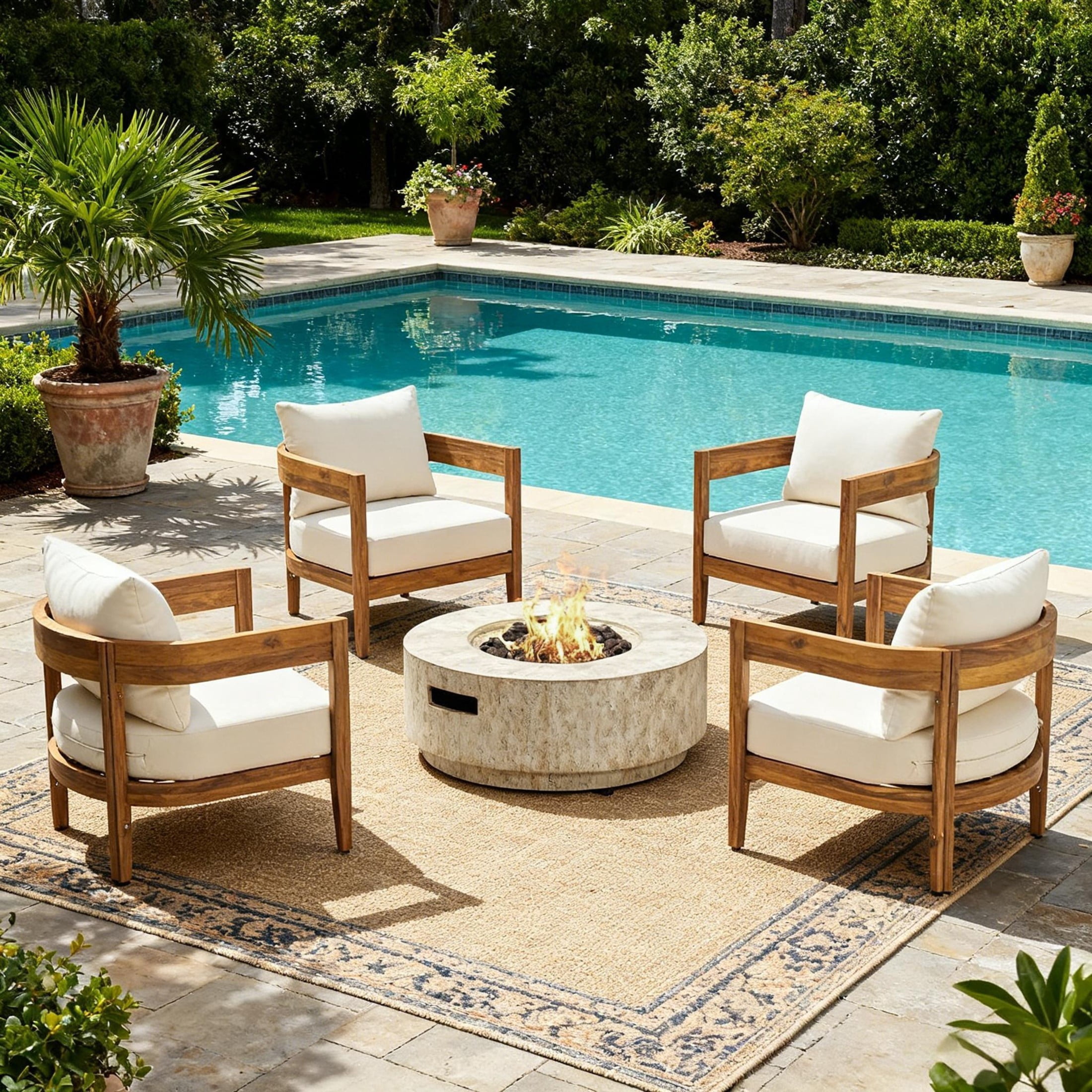 Christopher Knight Home 5-Piece Outdoor Conversation Set with 40000 BTU Fire Pit Table, Teak+Beige