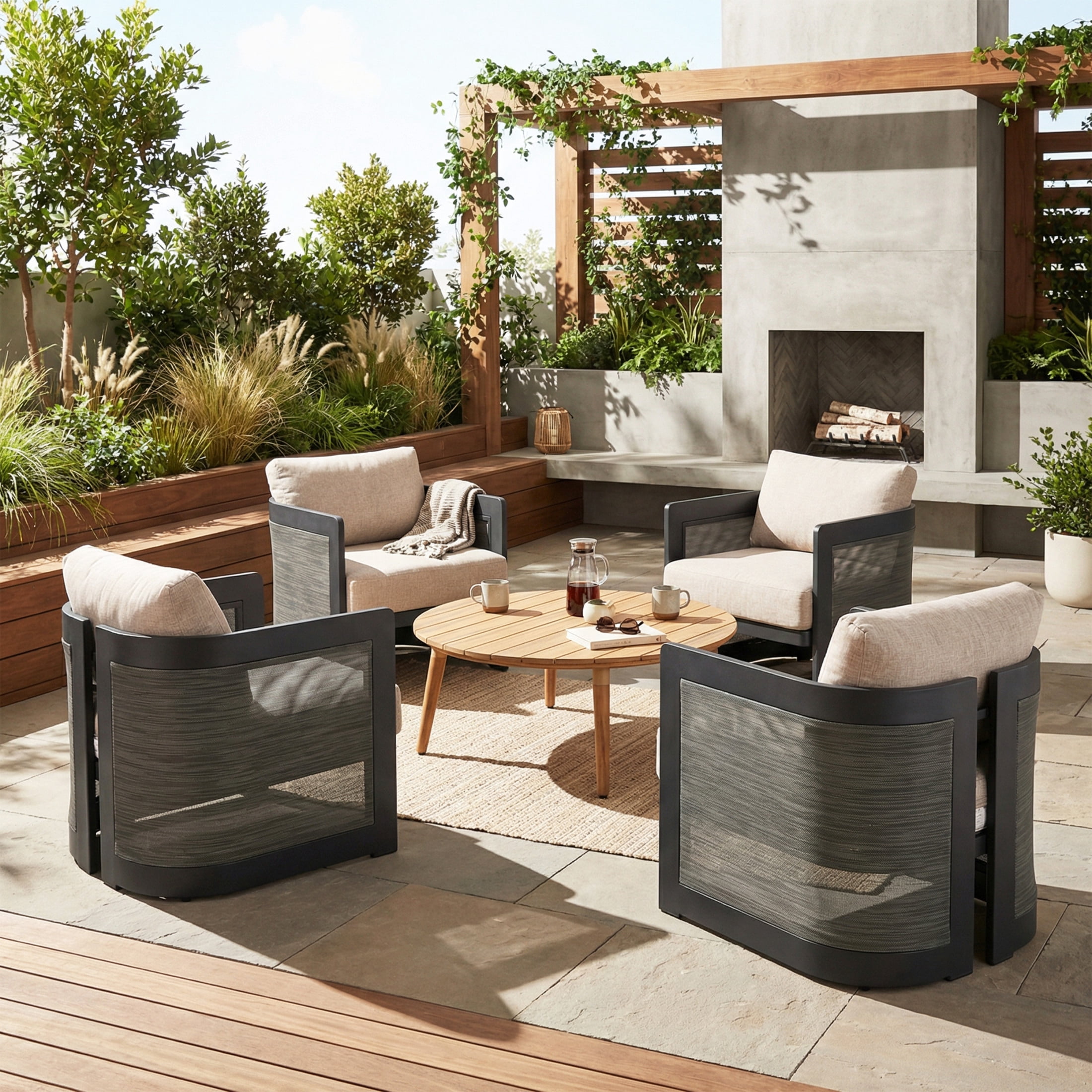 Christopher Knight Home 5-Piece Outdoor Conversation Set with Coffee Table, 4 Seats, Beige Cushion