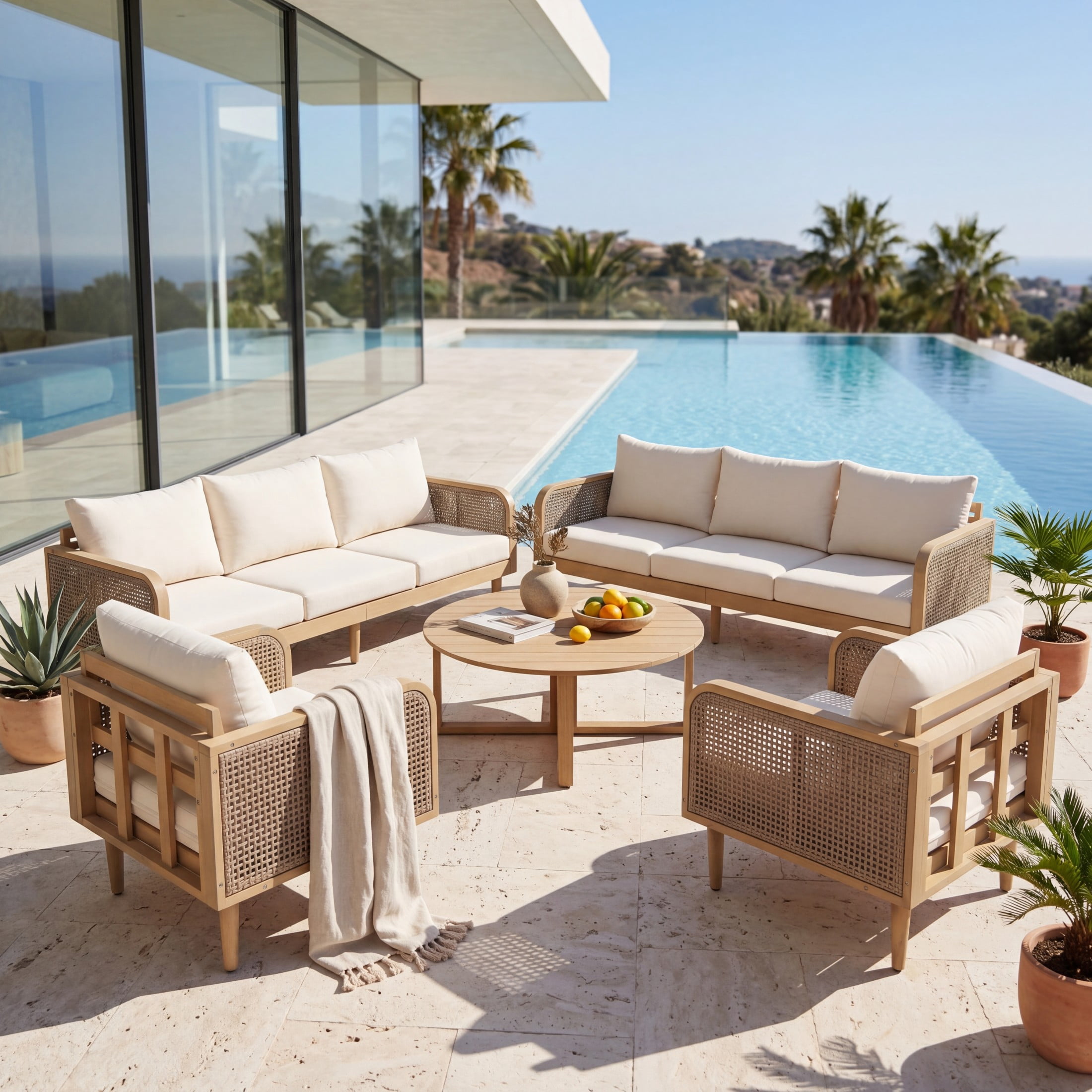 Christopher Knight Home 5-Piece Outdoor Conversation Set with Table, Wood Frame with Rattan Armrests, Teak+Cream