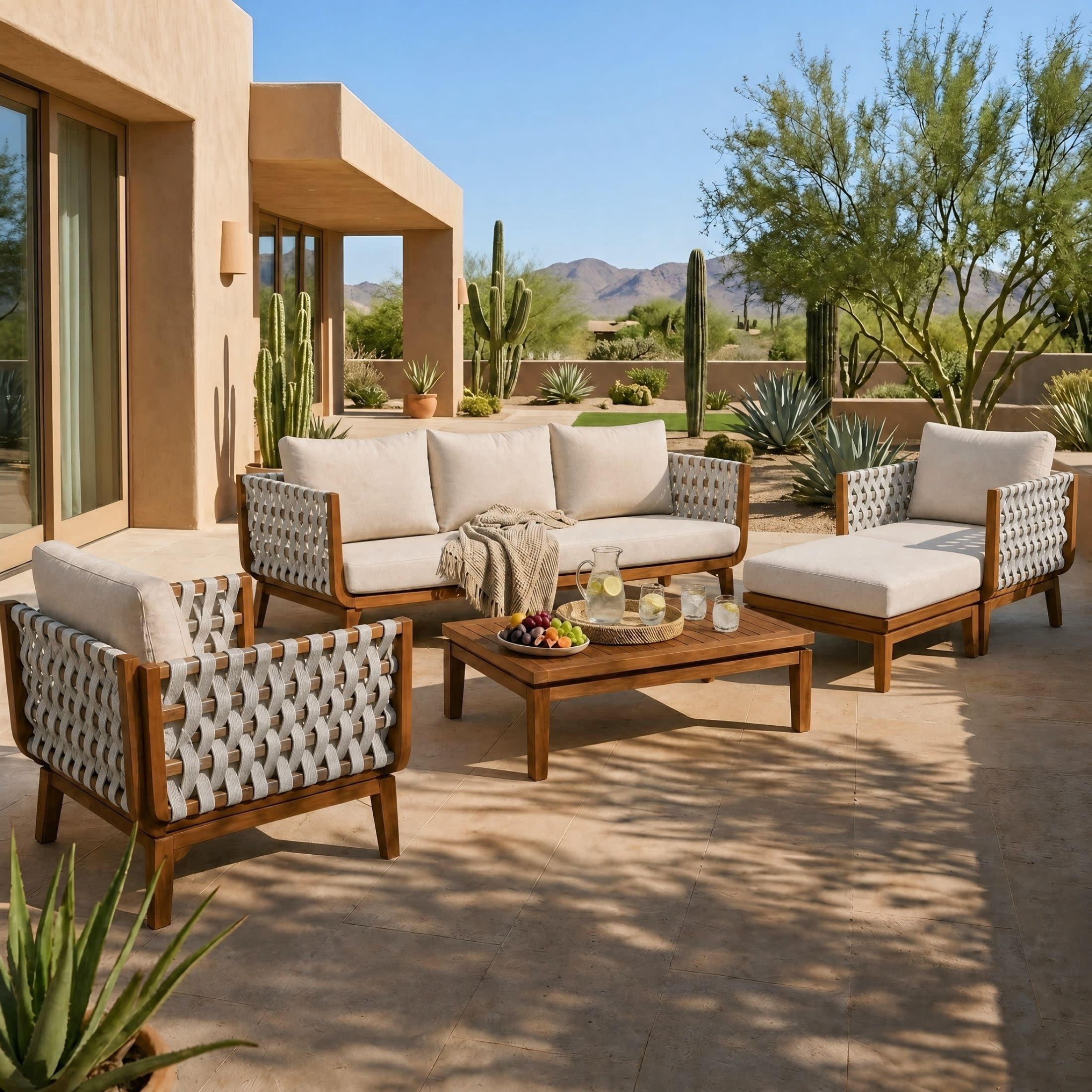 Christopher Knight Home 5-Piece Outdoor Conversation Sofa Set with Ottoman and Coffee Table, Teak+Beige