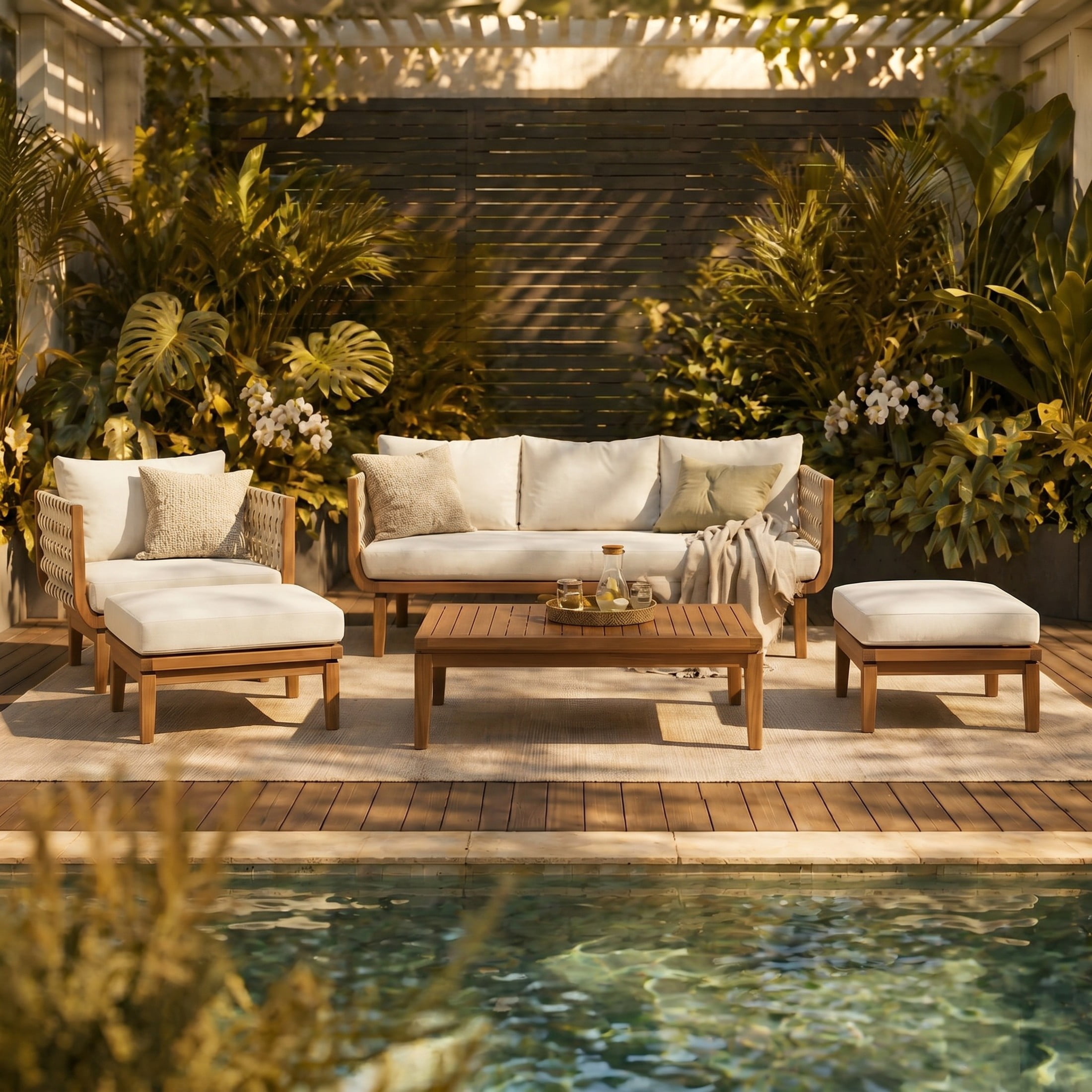 Christopher Knight Home 5-Piece Outdoor Conversation Sofa Set with Ottomans and Coffee Table, Teak+Beige
