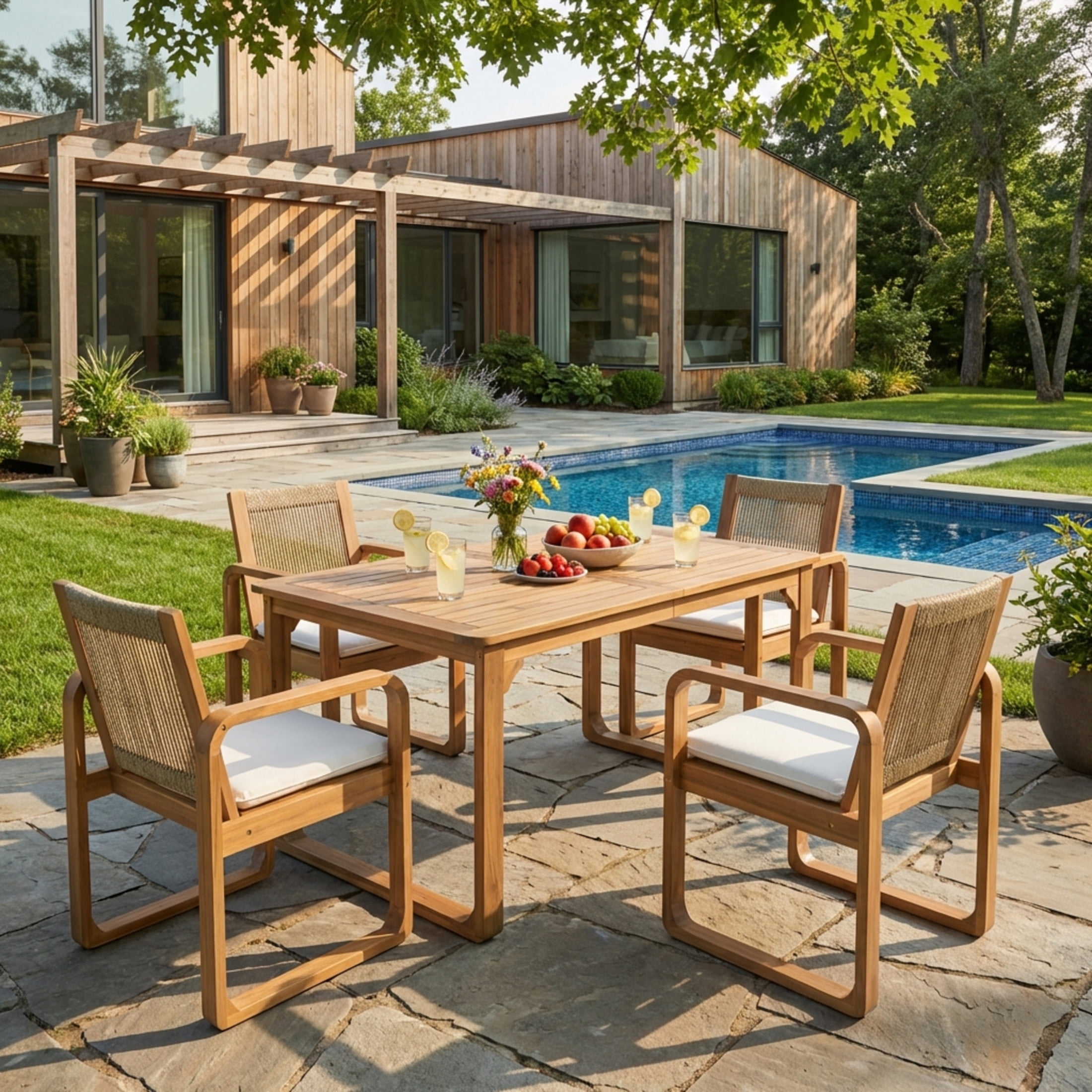 Christopher Knight Home 5-Piece Outdoor Curved Leg Dining Set, Rope Back Chairs with Cushions, Light Teak