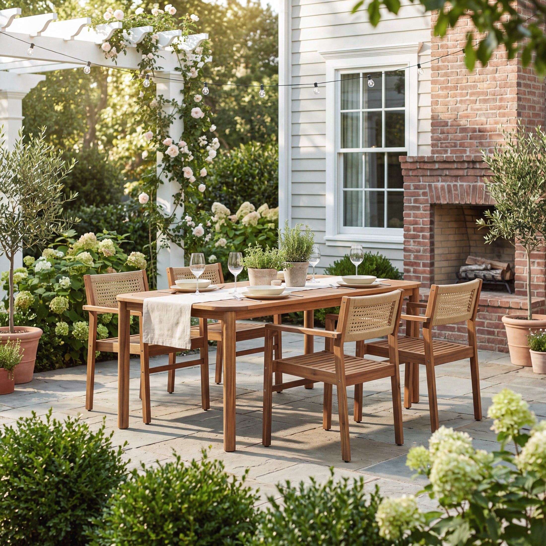 Christopher Knight Home 5-Piece Outdoor Dining Set, 66" Wood Table and Wicker Back Chairs, Natural Stained