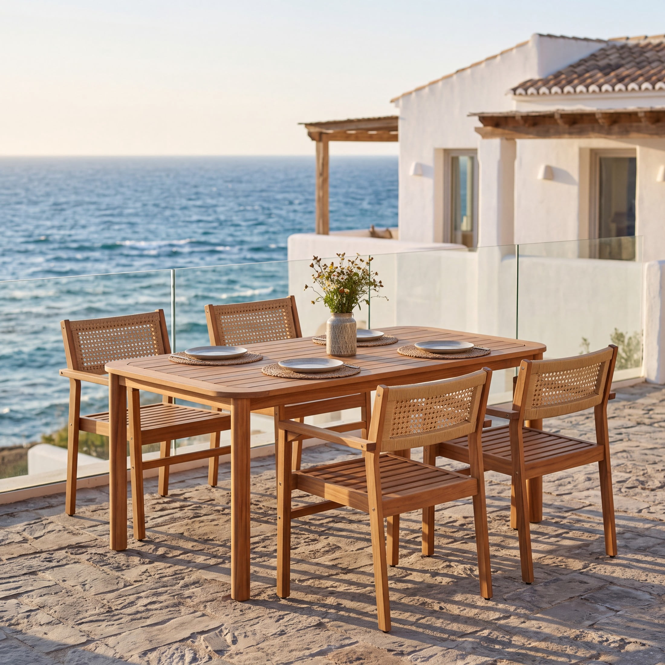 Christopher Knight Home 5-Piece Outdoor Dining Set, 66" Wood Table and Wicker Back Chairs, Teak