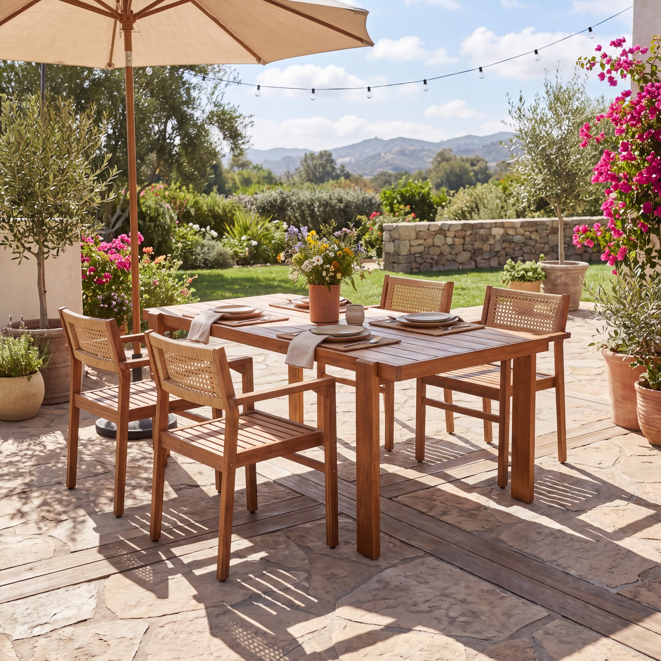 Christopher Knight Home 5-Piece Outdoor Dining Set, 67" Wood Table and Wicker Back Chairs, Natural Stained