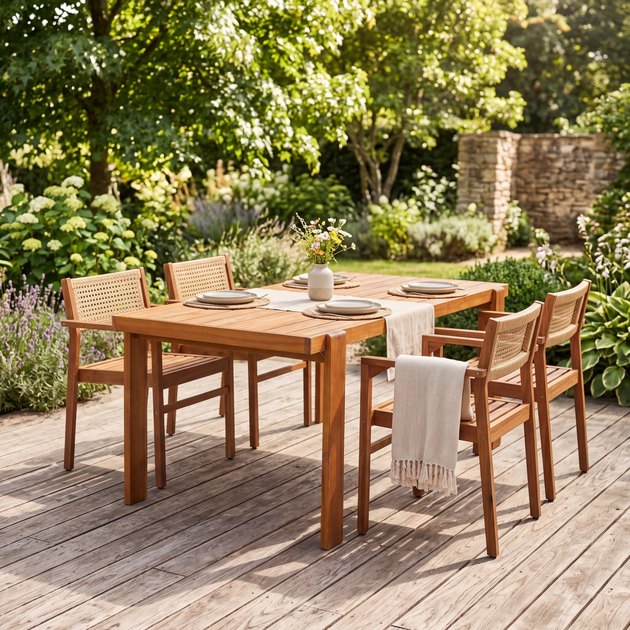 Christopher Knight Home 5-Piece Outdoor Dining Set, 67" Wood Table and Wicker Back Chairs, Teak