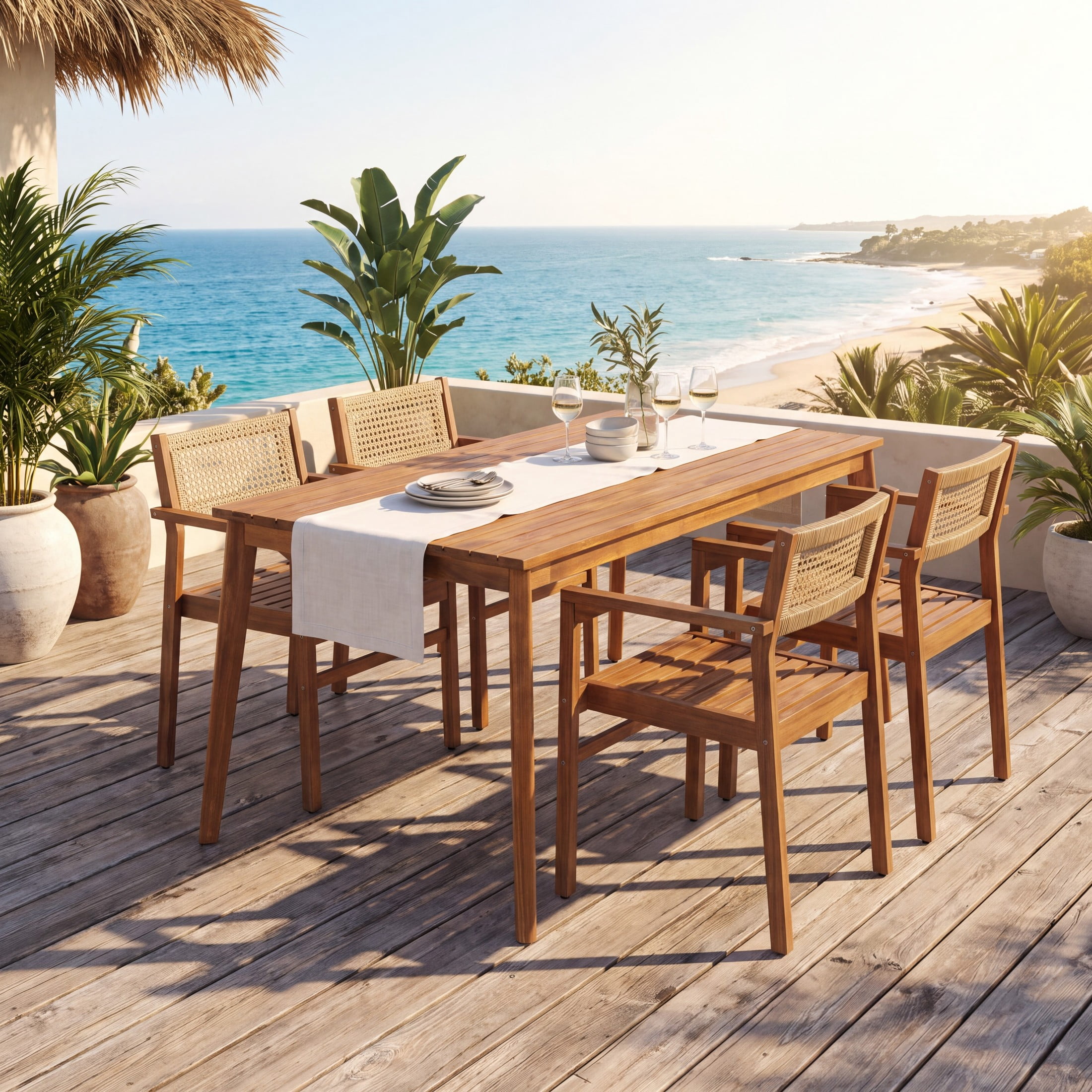 Christopher Knight Home 5-Piece Outdoor Dining Set, 70.8" Wood Table with Wicker Back Chairs, Natural Stained