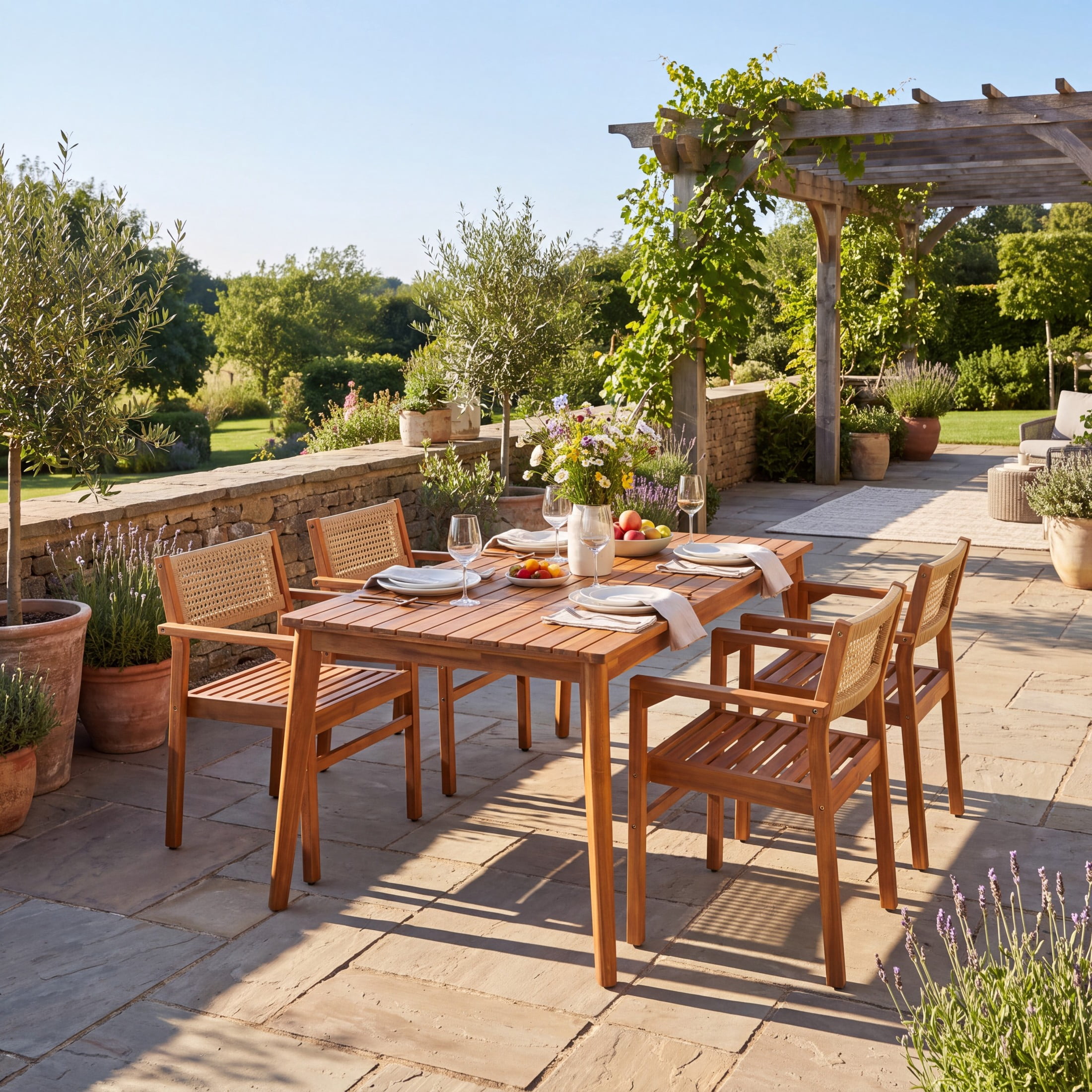 Christopher Knight Home 5-Piece Outdoor Dining Set, 70.8" Wood Table with Wicker Back Chairs, Teak